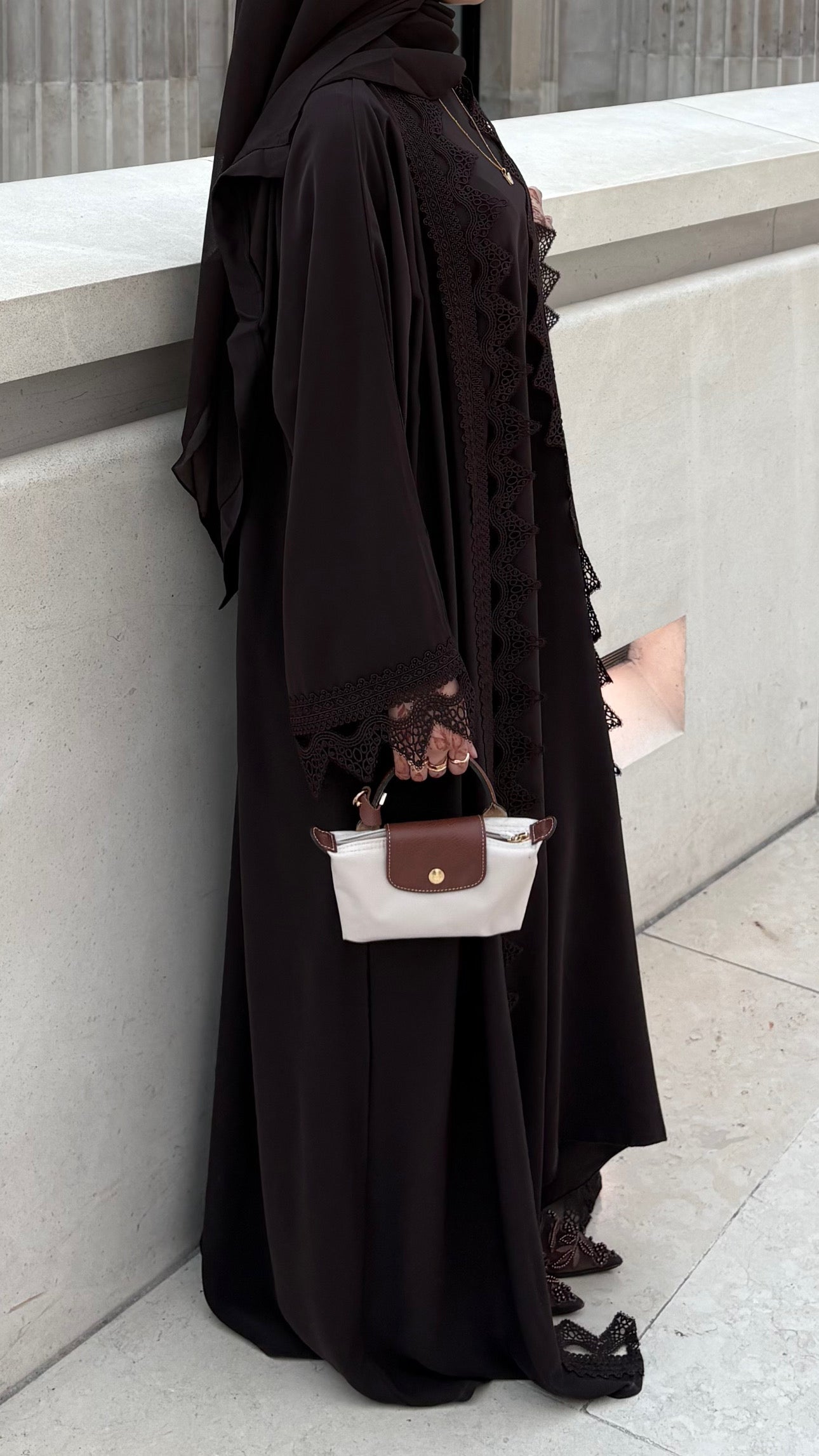 Sereen Lace Abaya 4 Piece Set – Brown Modest Abaya with Hijab, Slip Dress & Robe front view – From #1 Shop YAZIR – YAZIRCO