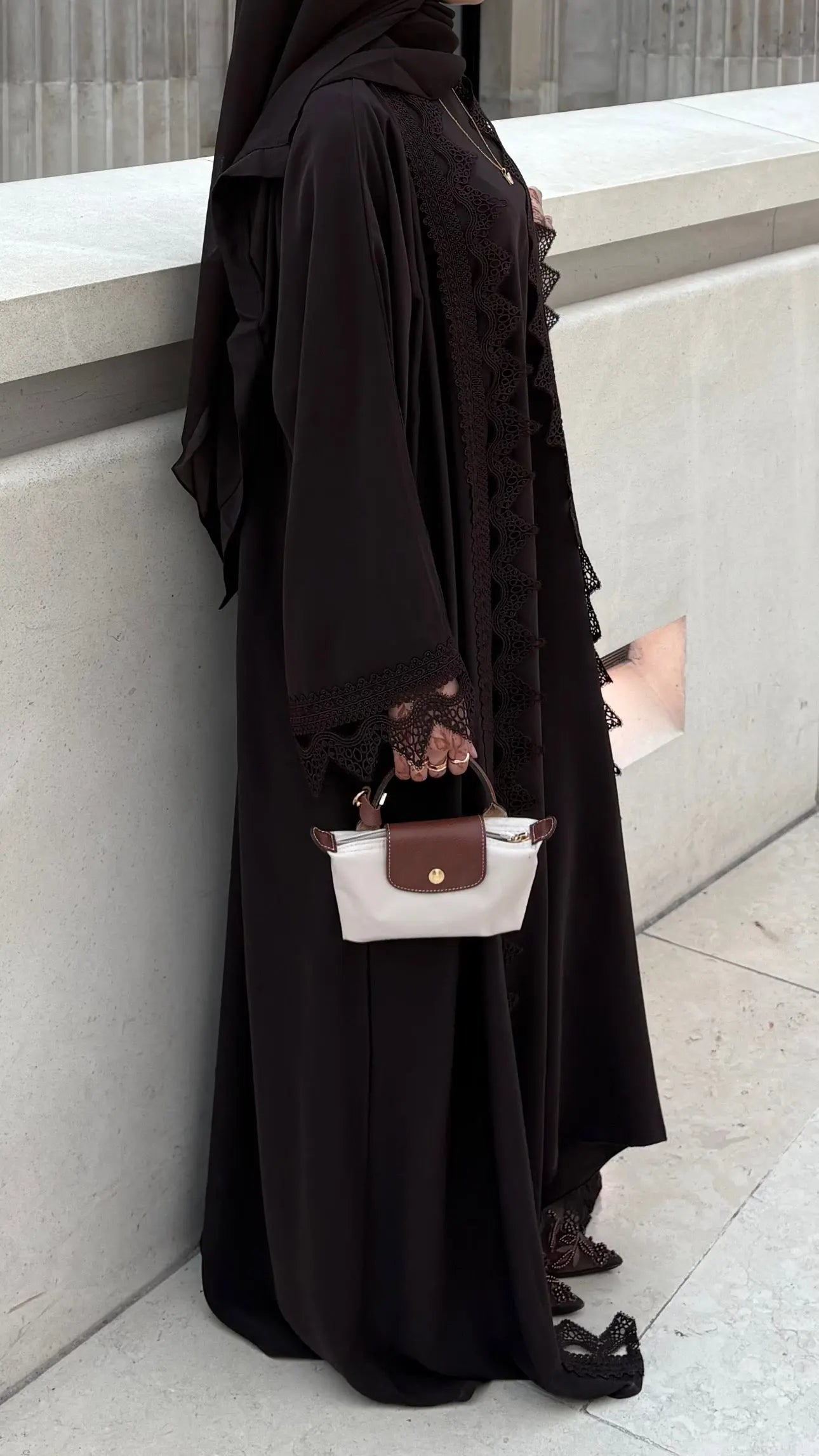 Sereen Lace Abaya 4 Piece Set – Brown Modest Abaya with Hijab, Slip Dress & Robe front view – From #1 Shop YAZIR – YAZIRCO