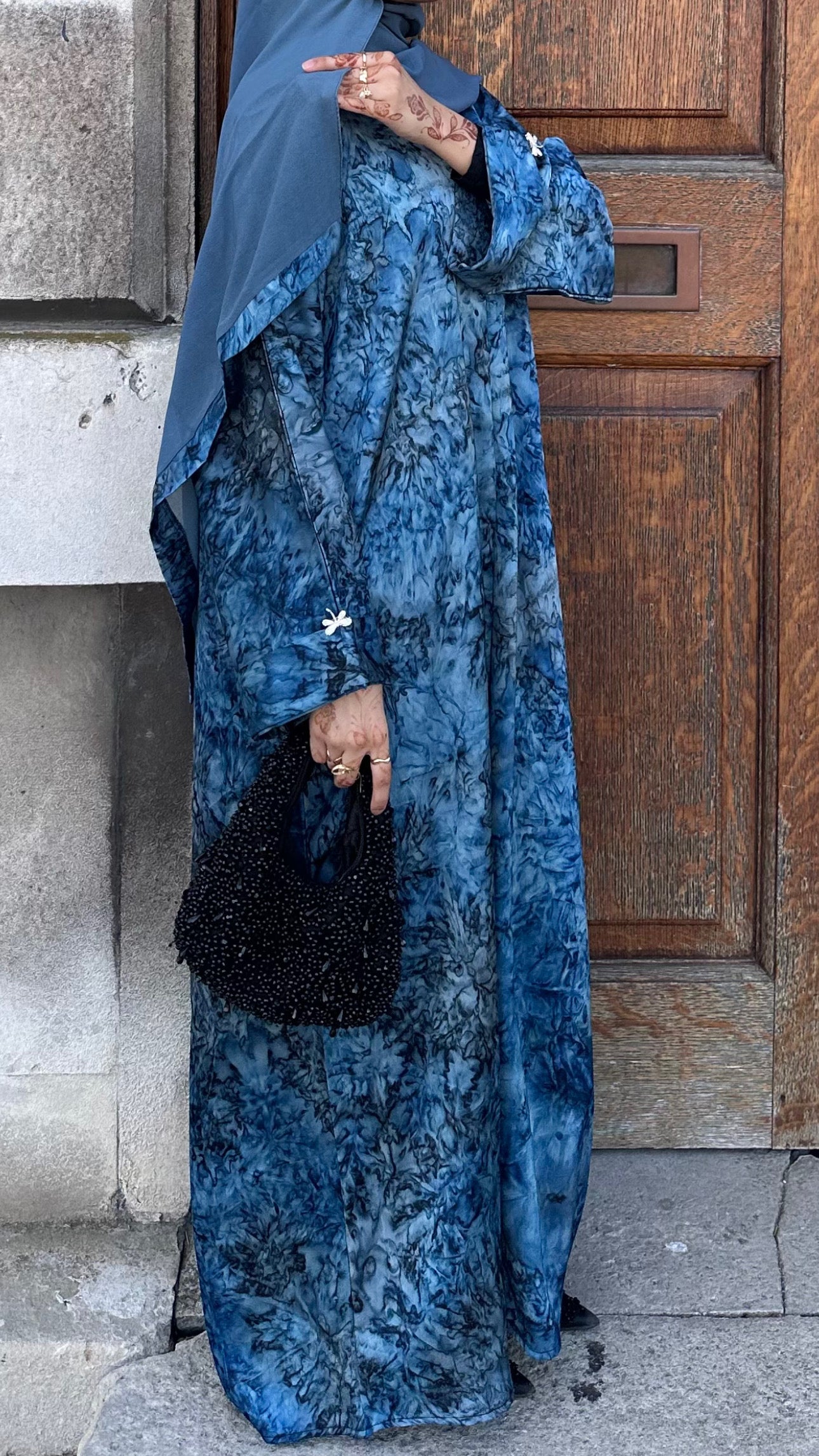 Avenra Printed Abaya 2 Piece Set – Teal Marble Modest Abaya with Hijab