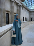 Blue Amara Pleated Open Abaya With Hijab front view – From #1 Shop YAZIR – YAZIRCO