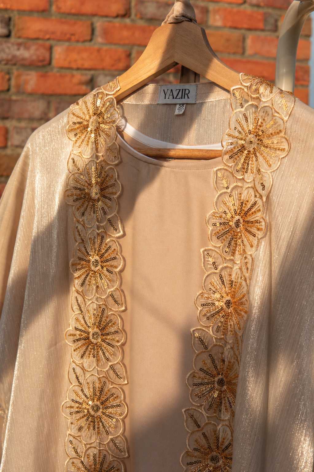 Zareen Embellished Abaya 4 Piece Set – Cream & Gold Abaya with Hijab, Slip Dress & Rope