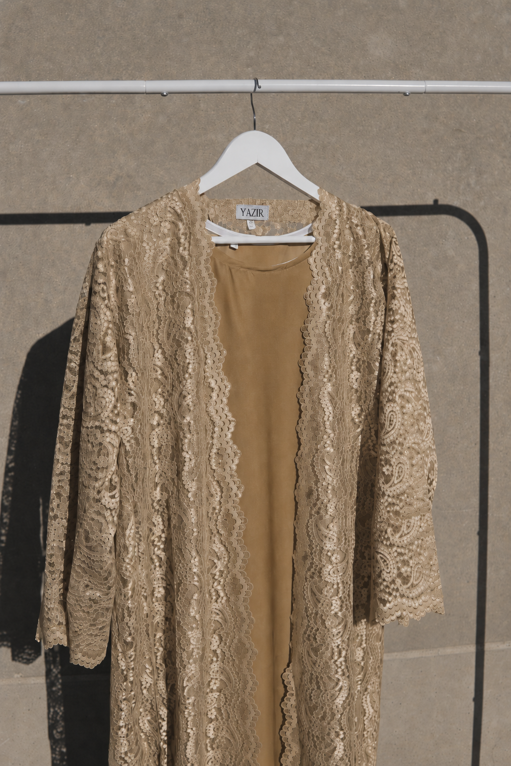 Varelle Netted Lace Abaya 4 Piece Set – Gold Modest Abaya with Hijab, Slip Dress & Rope