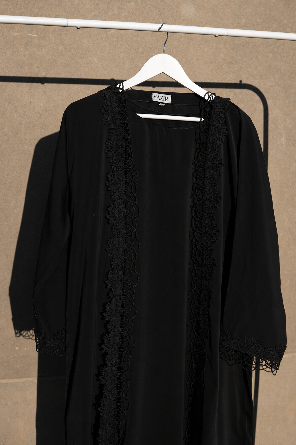 Nayelle Lace Abaya 4 Piece Set – Black Abaya with Hijab, Slip Dress & Rope