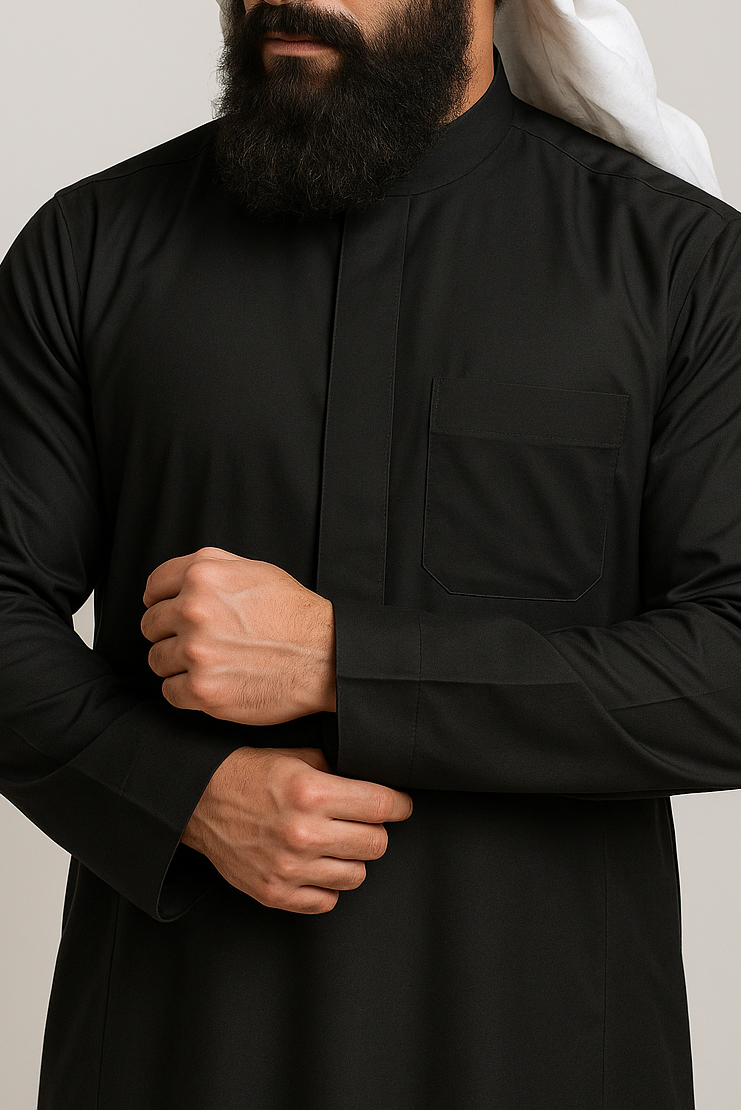 Premium Black Thobe – Saudi Style Men’s Long Sleeve Islamic Clothing
