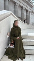 Sereen Lace Abaya 4 Piece Set – Olive Green Modest Abaya with Hijab, Slip Dress & Robe front view – From #1 Shop YAZIR – YAZIRCO