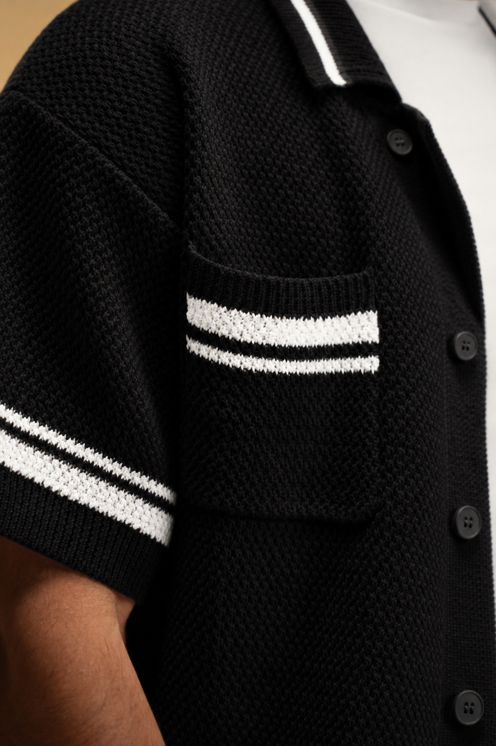 Crochet Knit Button Through Shirt - Black