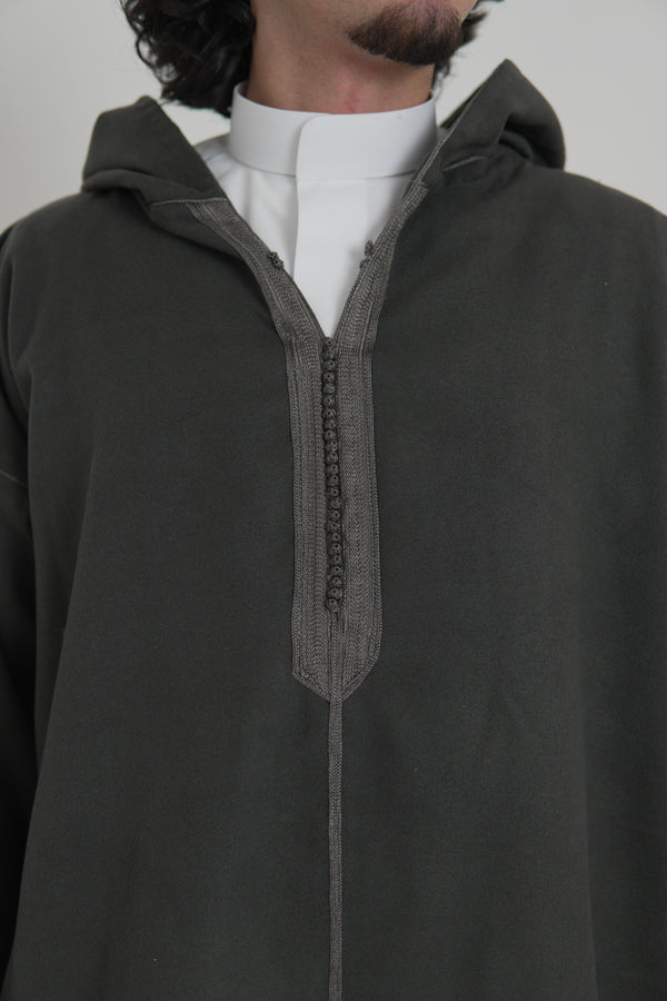 Men's Dark Grey Moroccan Djellaba – Traditional Hooded Thobe