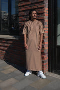 Premium Camel Emirati Half Sleeve Thobe front view – From #1 Shop YAZIR – YAZIRCO