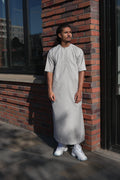 Premium Light Grey Emirati Half Sleeve Thobe front view – From #1 Shop YAZIR – YAZIRCO