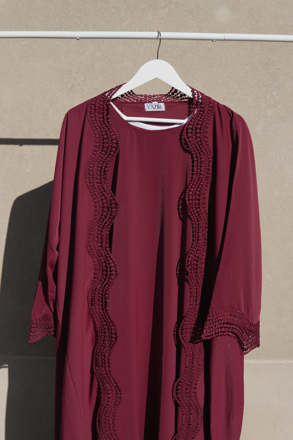 Zunaira Lace Abaya 4 Piece Set – Deep Maroon Abaya with Hijab, Slip Dress & Rope