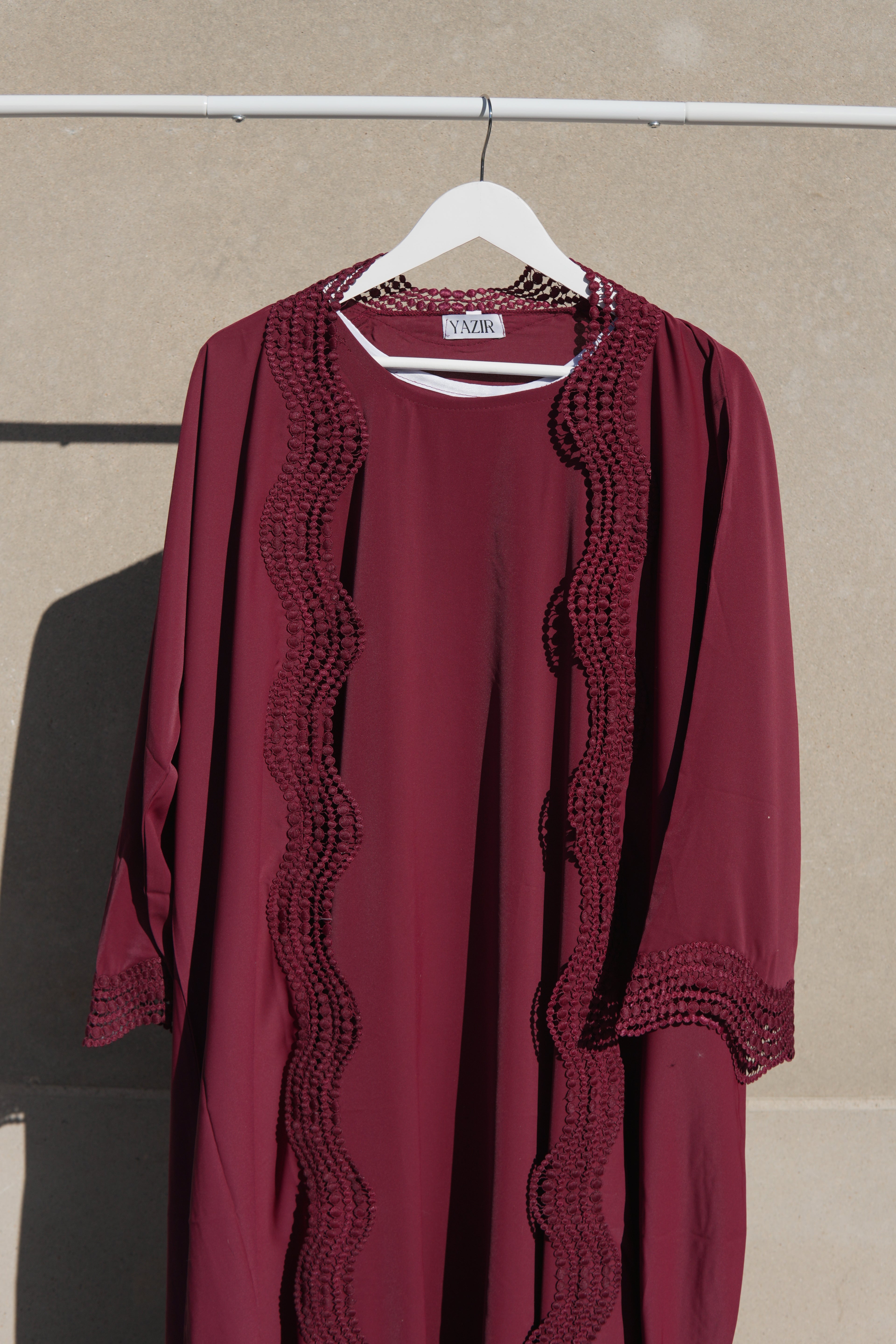 Zunaira Lace Abaya 4 Piece Set – Deep Maroon Abaya with Hijab, Slip Dress & Rope