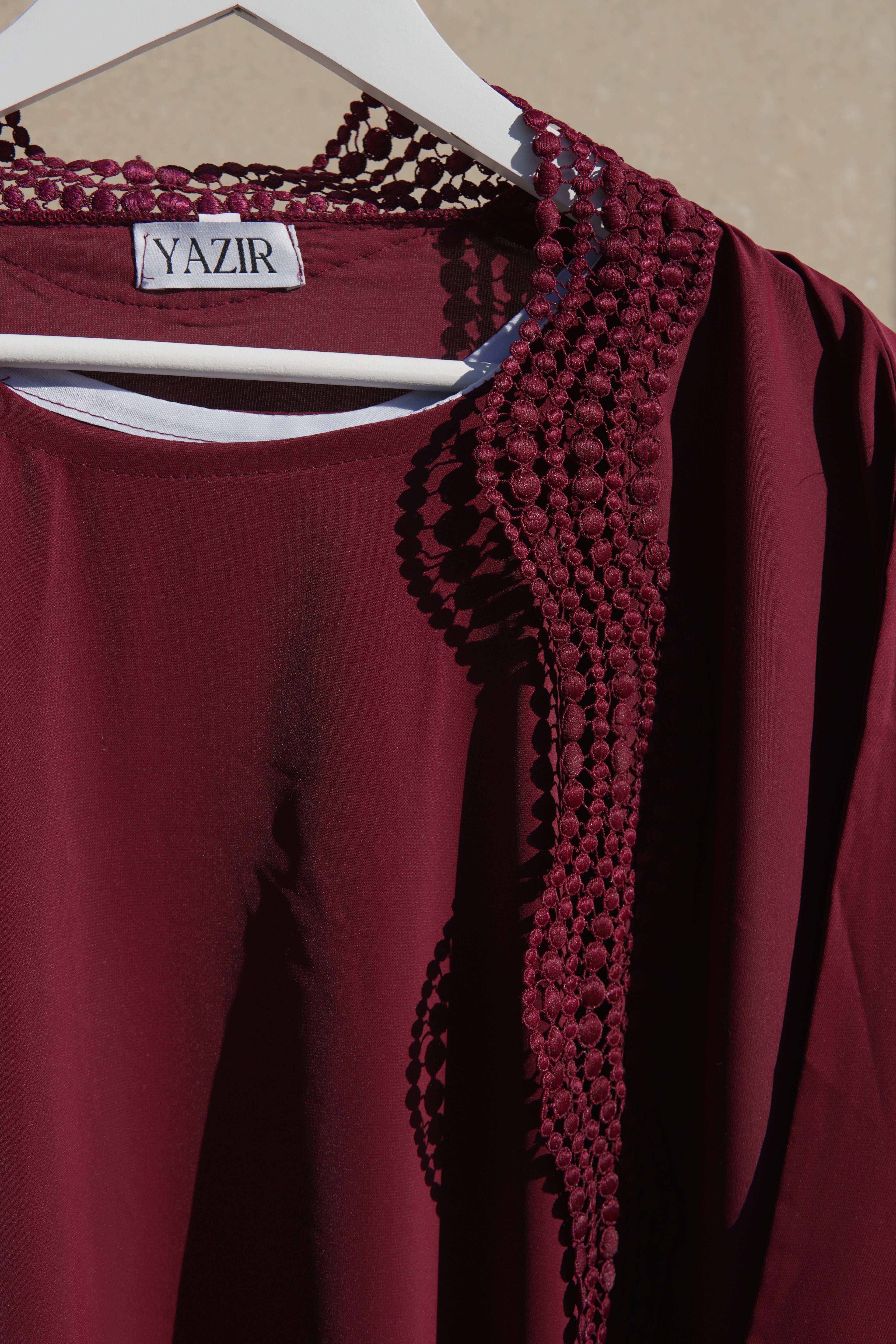 Zunaira Lace Abaya 4 Piece Set – Deep Maroon Abaya with Hijab, Slip Dress & Rope