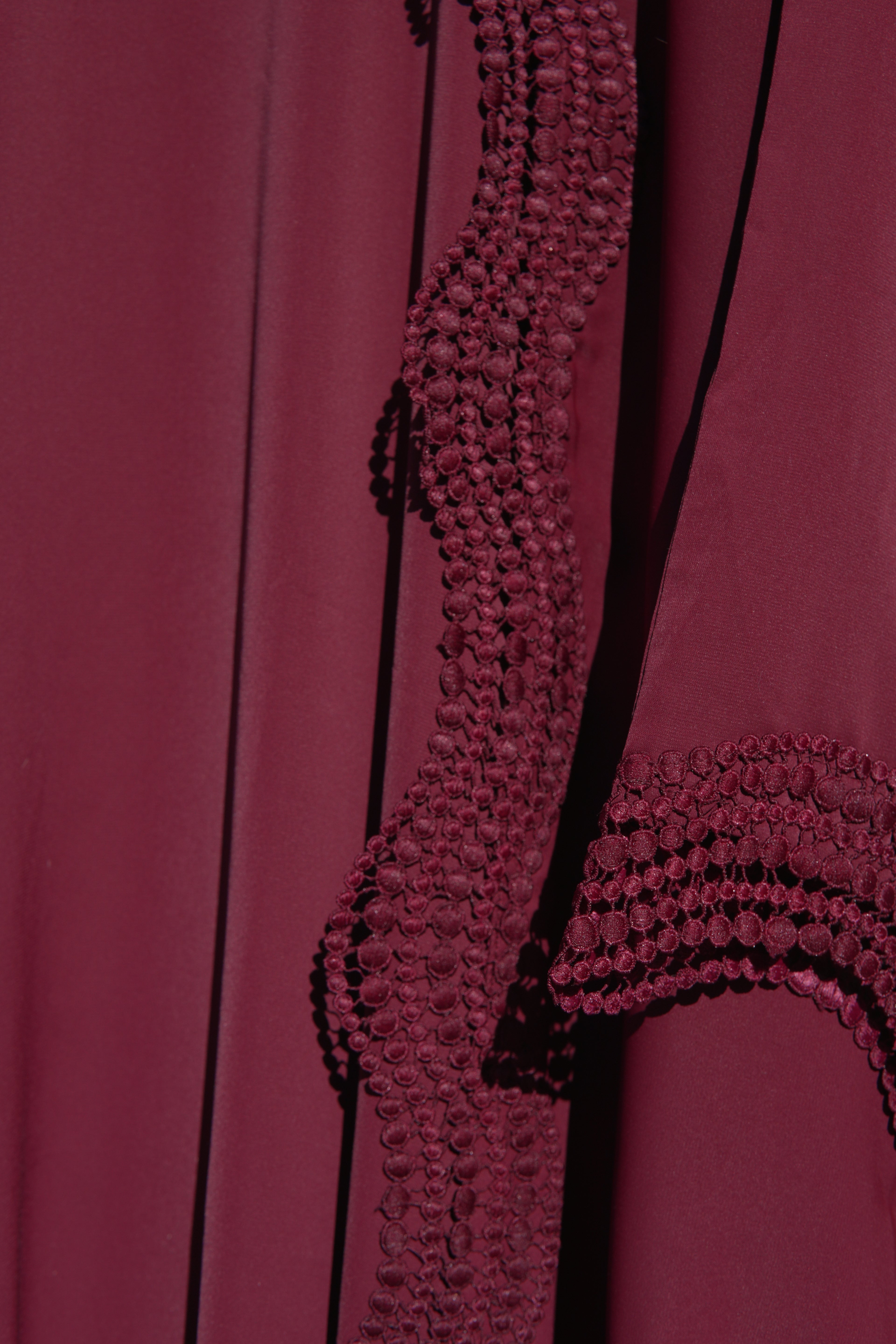 Zunaira Lace Abaya 4 Piece Set – Deep Maroon Abaya with Hijab, Slip Dress & Rope