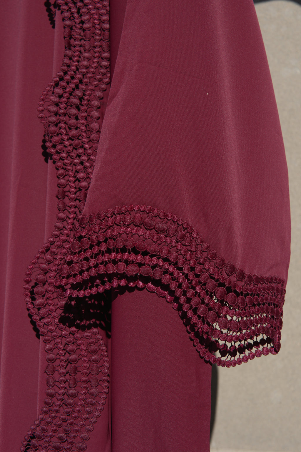 Zunaira Lace Abaya 4 Piece Set – Deep Maroon Abaya with Hijab, Slip Dress & Rope