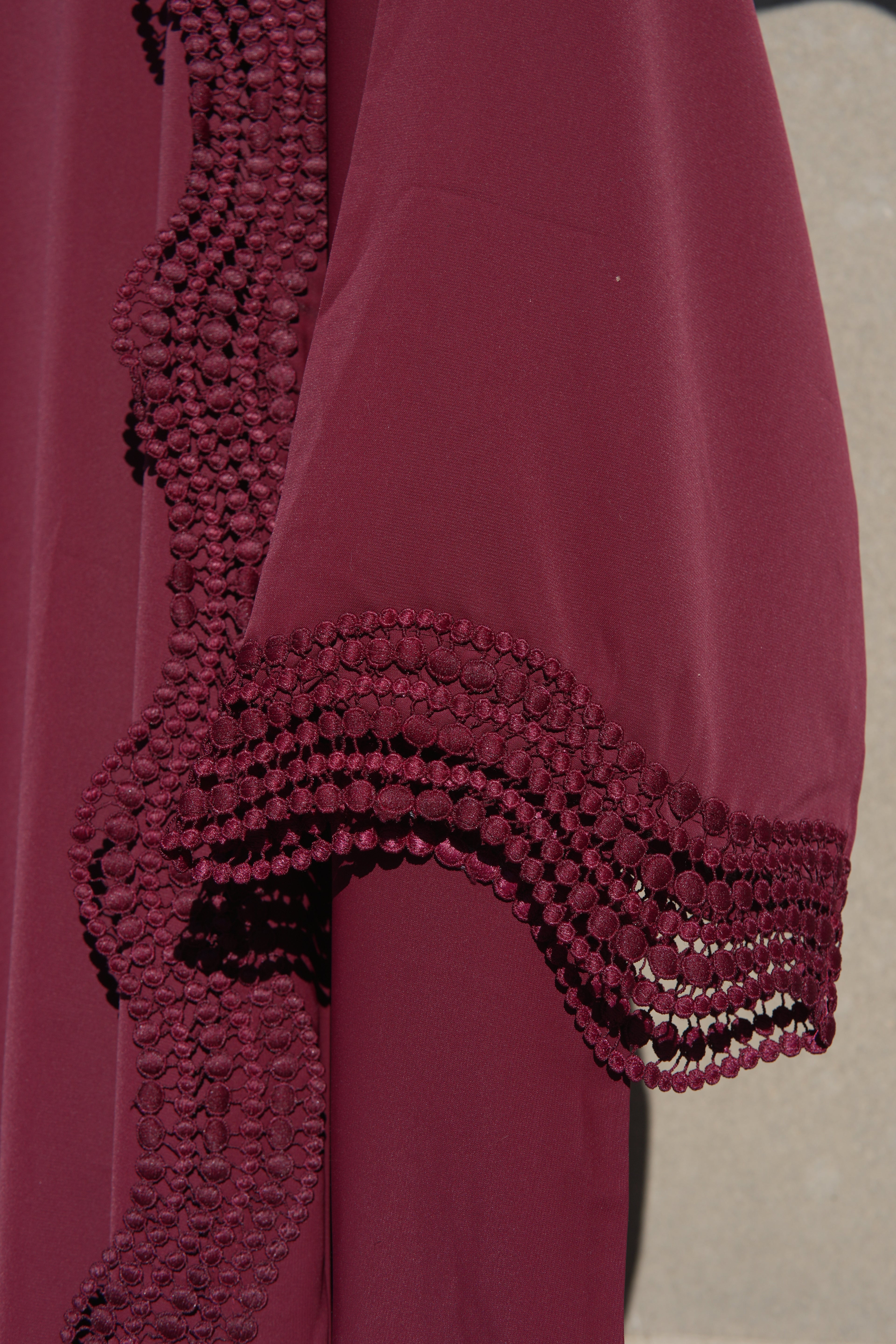 Zunaira Lace Abaya 4 Piece Set – Deep Maroon Abaya with Hijab, Slip Dress & Rope