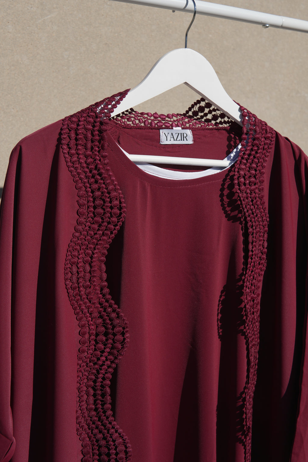 Zunaira Lace Abaya 4 Piece Set – Deep Maroon Abaya with Hijab, Slip Dress & Rope