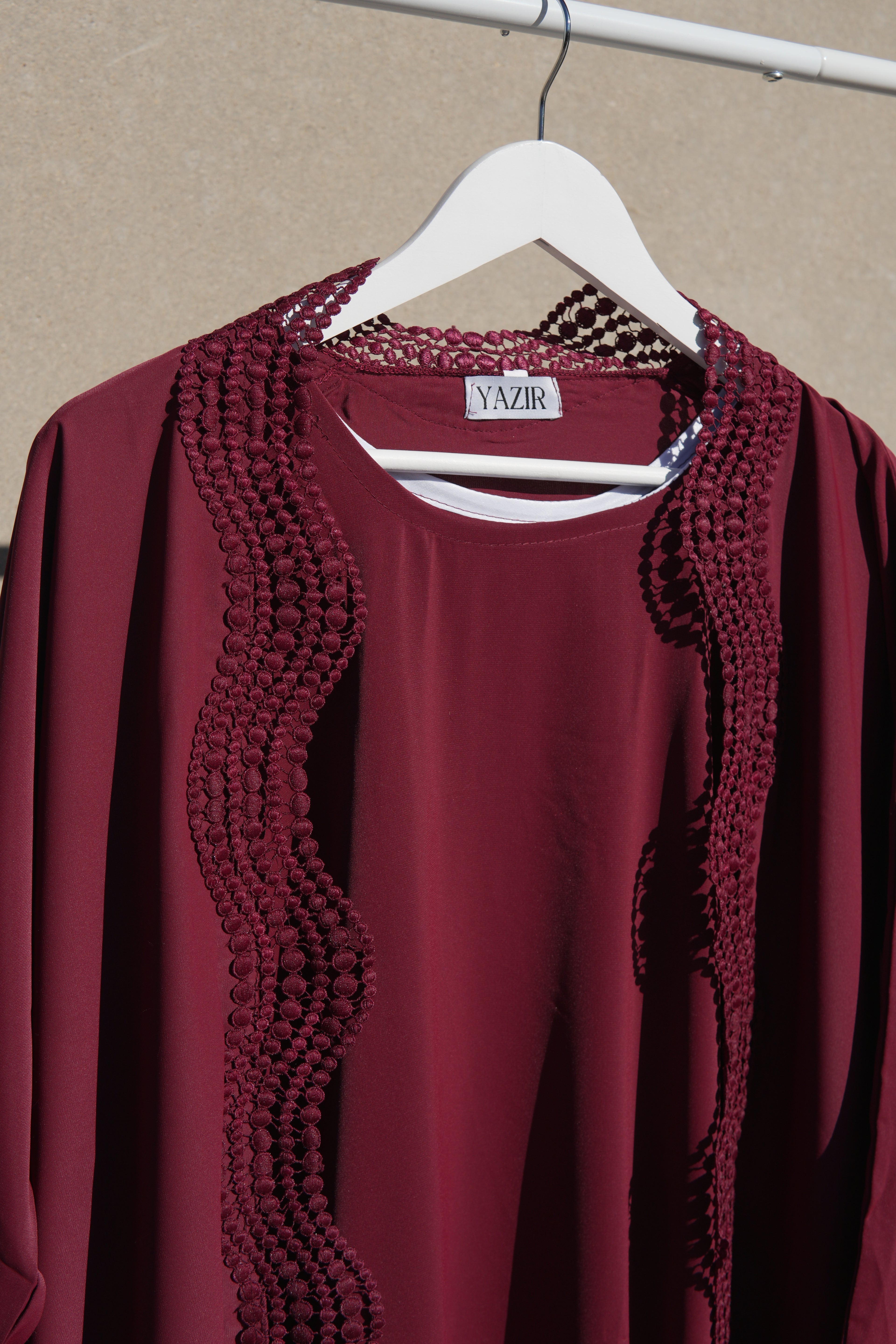 Zunaira Lace Abaya 4 Piece Set – Deep Maroon Abaya with Hijab, Slip Dress & Rope