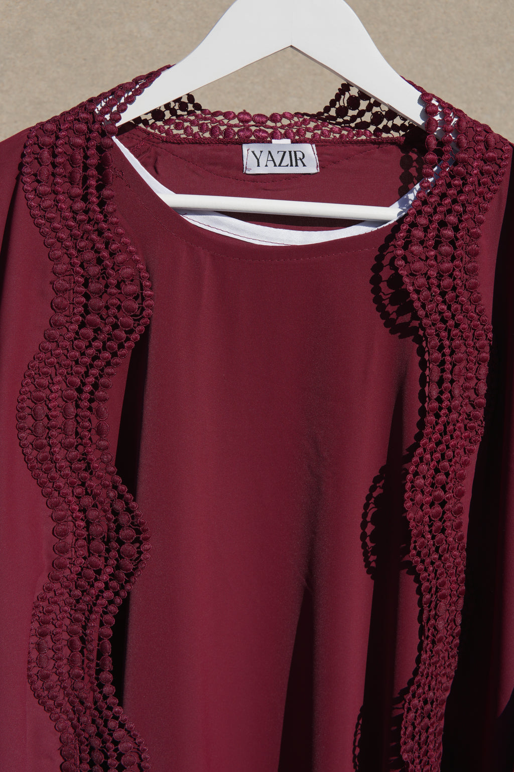 Zunaira Lace Abaya 4 Piece Set – Deep Maroon Abaya with Hijab, Slip Dress & Rope