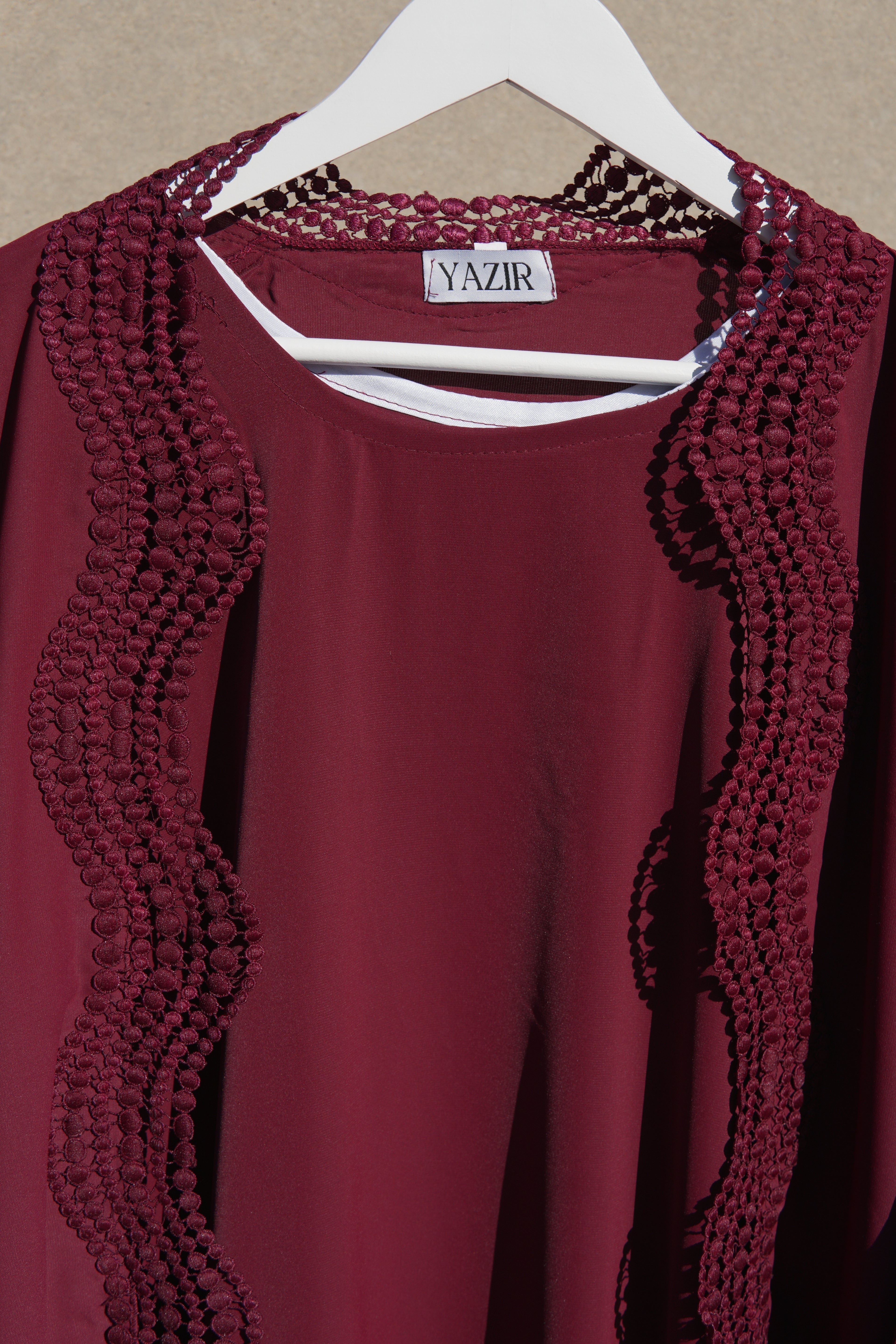Zunaira Lace Abaya 4 Piece Set – Deep Maroon Abaya with Hijab, Slip Dress & Rope