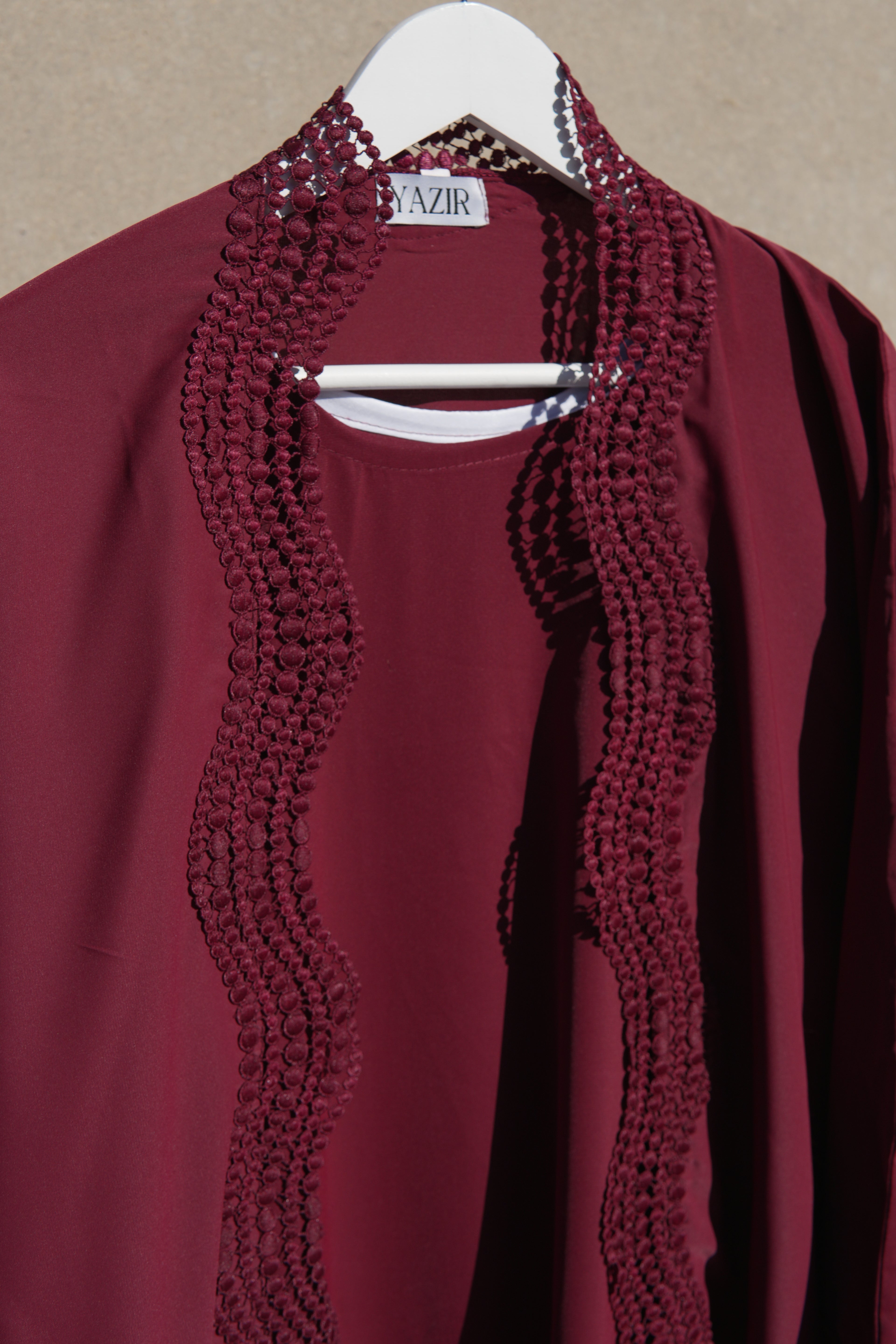 Zunaira Lace Abaya 4 Piece Set – Deep Maroon Abaya with Hijab, Slip Dress & Rope