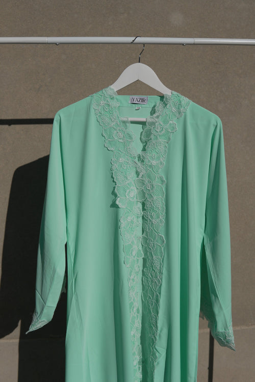 Ayla Floral Abaya 3 Piece Set – Teal Abaya with Hijab & Rope front view – From #1 Shop YAZIR – YAZIRCO
