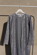Varelle Netted Lace Abaya 4 Piece Set – Ash Grey Modest Abaya with Hijab, Slip Dress & Rope front view – From #1 Shop YAZIR – YAZIRCO
