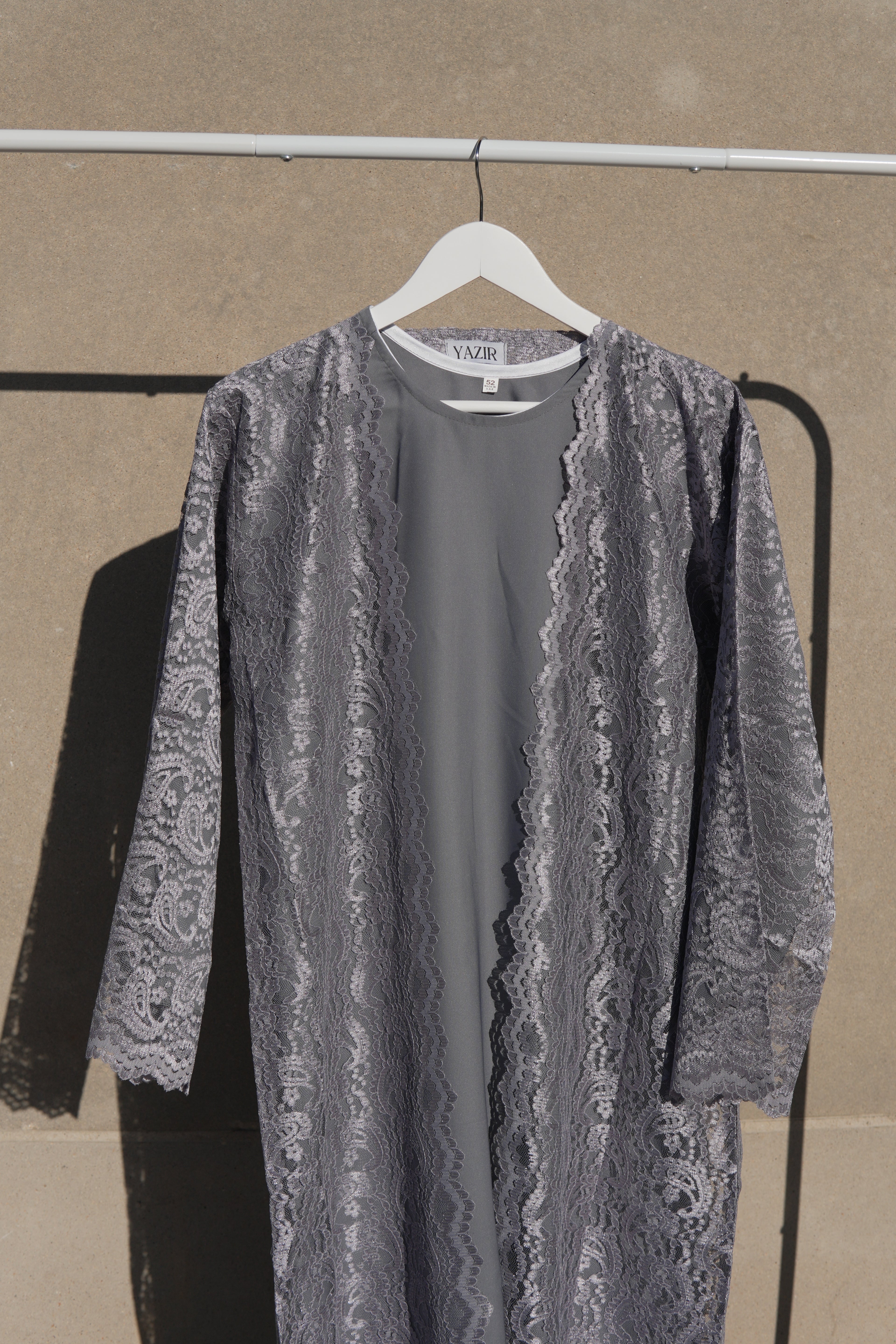 Varelle Netted Lace Abaya 4 Piece Set – Ash Grey Modest Abaya with Hijab, Slip Dress & Rope