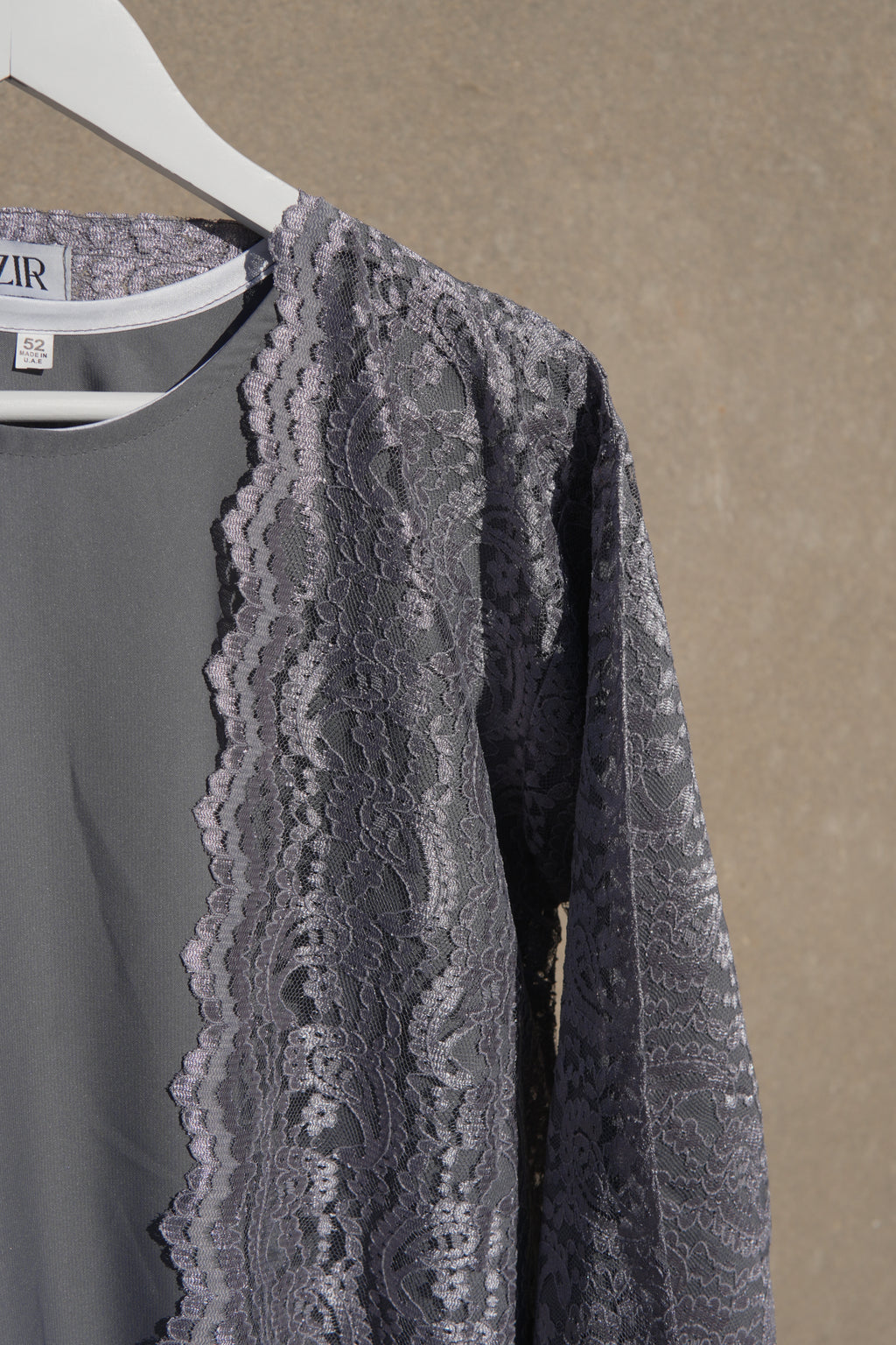 Varelle Netted Lace Abaya 4 Piece Set – Ash Grey Modest Abaya with Hijab, Slip Dress & Rope