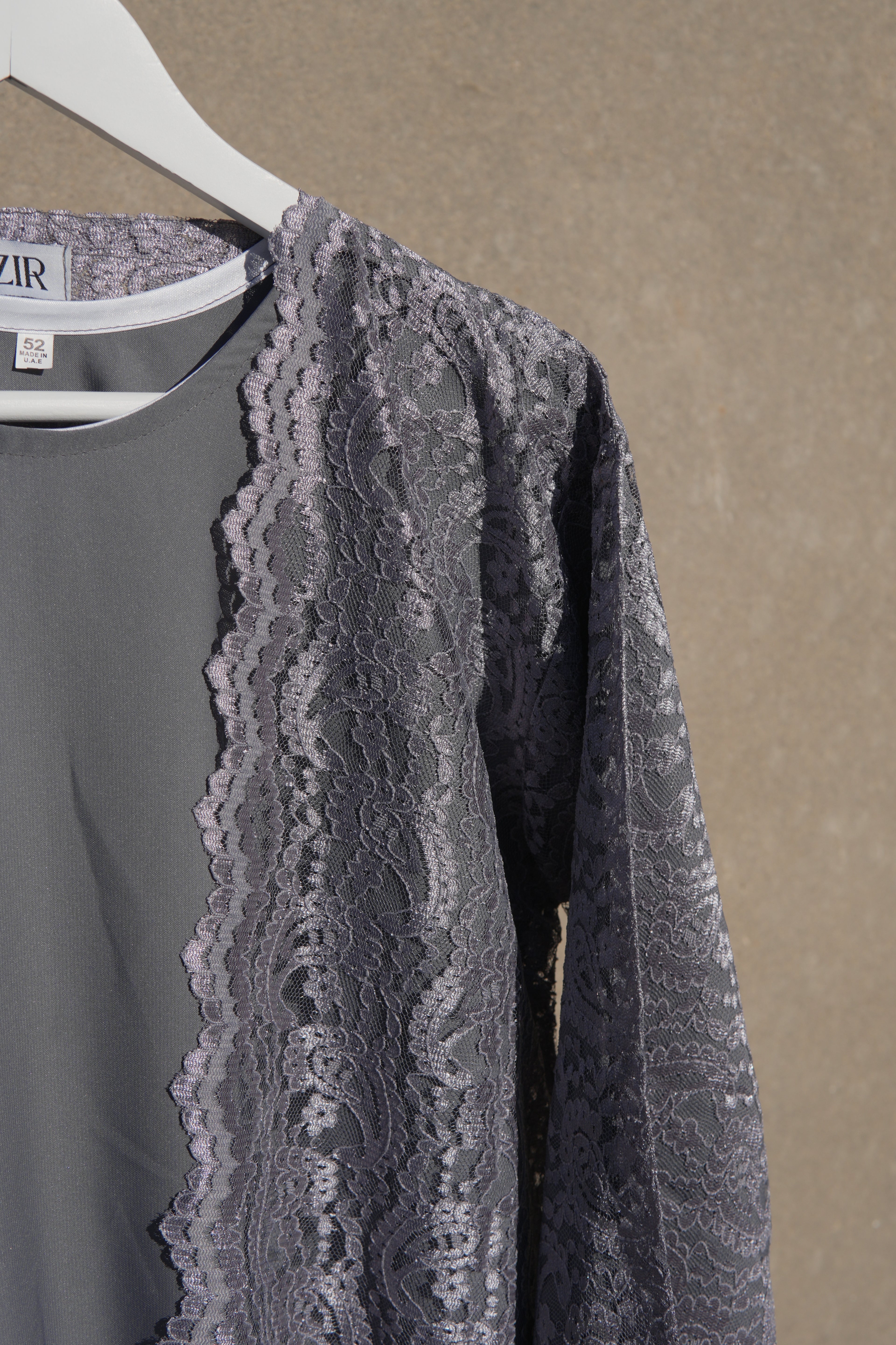 Varelle Netted Lace Abaya 4 Piece Set – Ash Grey Modest Abaya with Hijab, Slip Dress & Rope