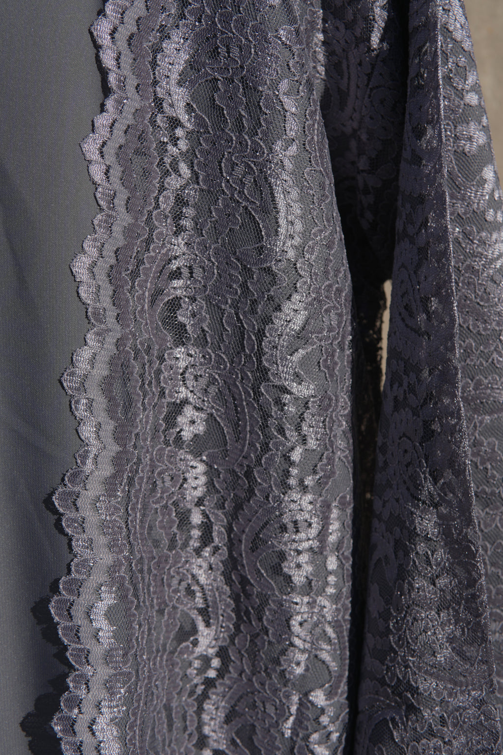 Varelle Netted Lace Abaya 4 Piece Set – Ash Grey Modest Abaya with Hijab, Slip Dress & Rope