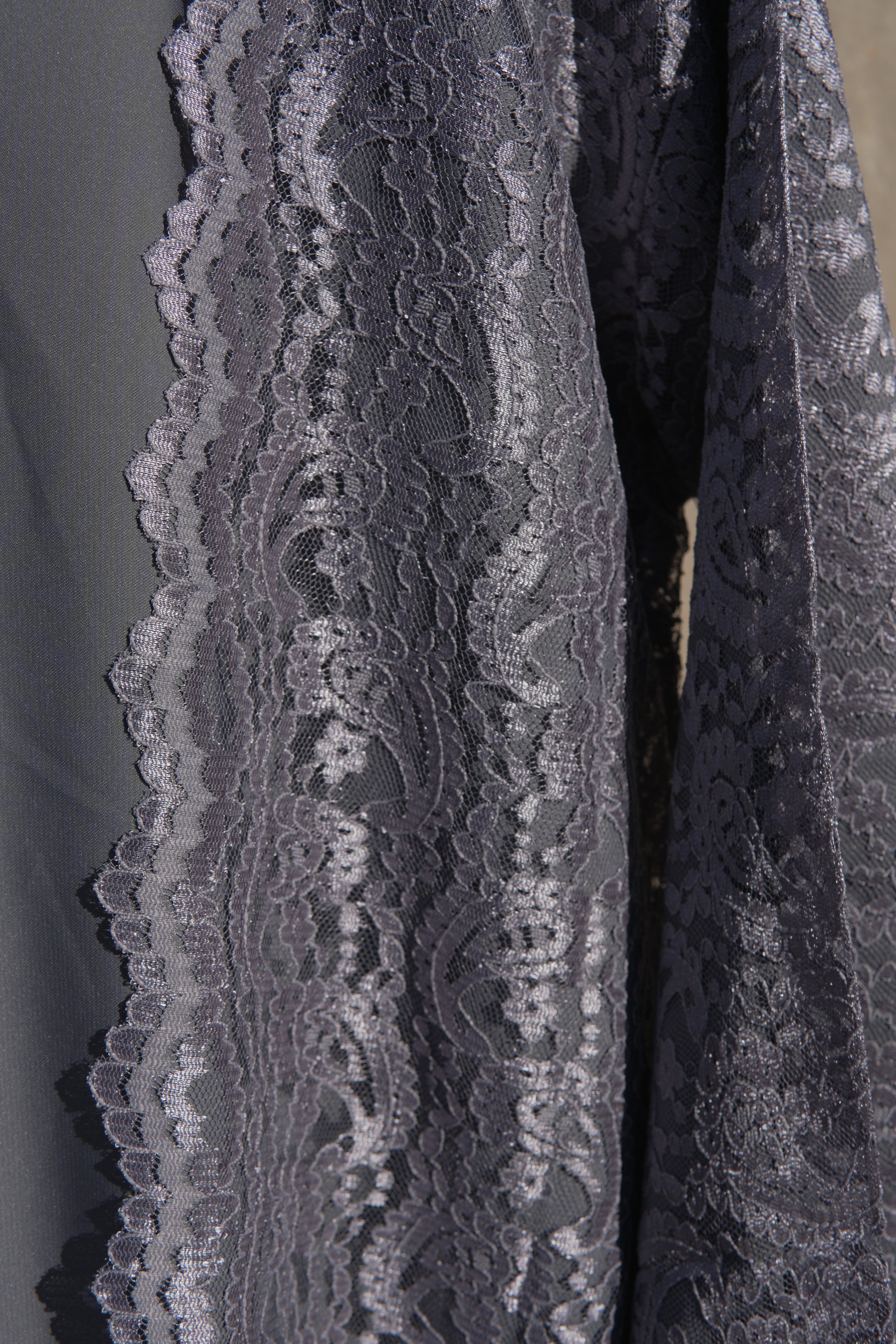Varelle Netted Lace Abaya 4 Piece Set – Ash Grey Modest Abaya with Hijab, Slip Dress & Rope