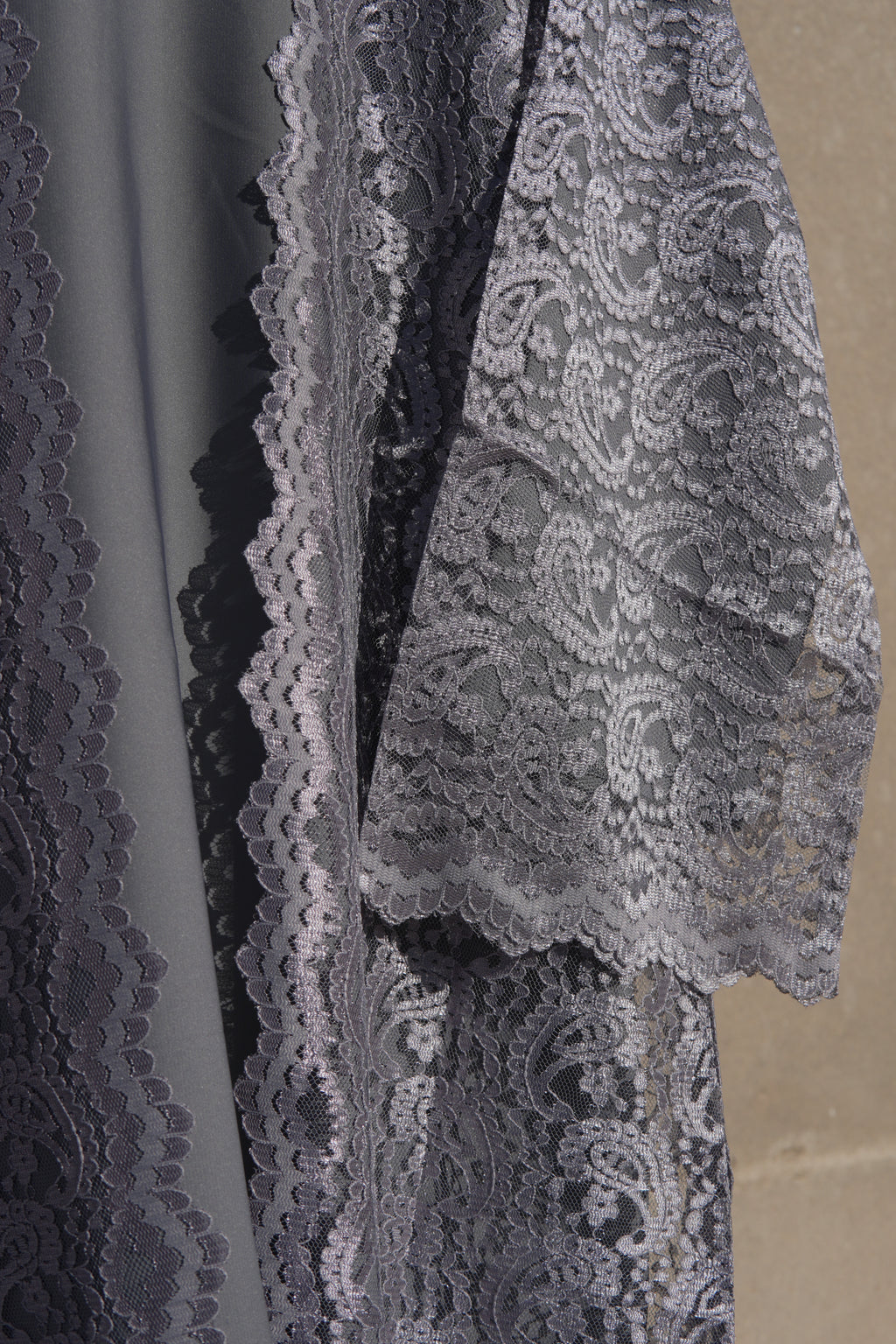 Varelle Netted Lace Abaya 4 Piece Set – Ash Grey Modest Abaya with Hijab, Slip Dress & Rope