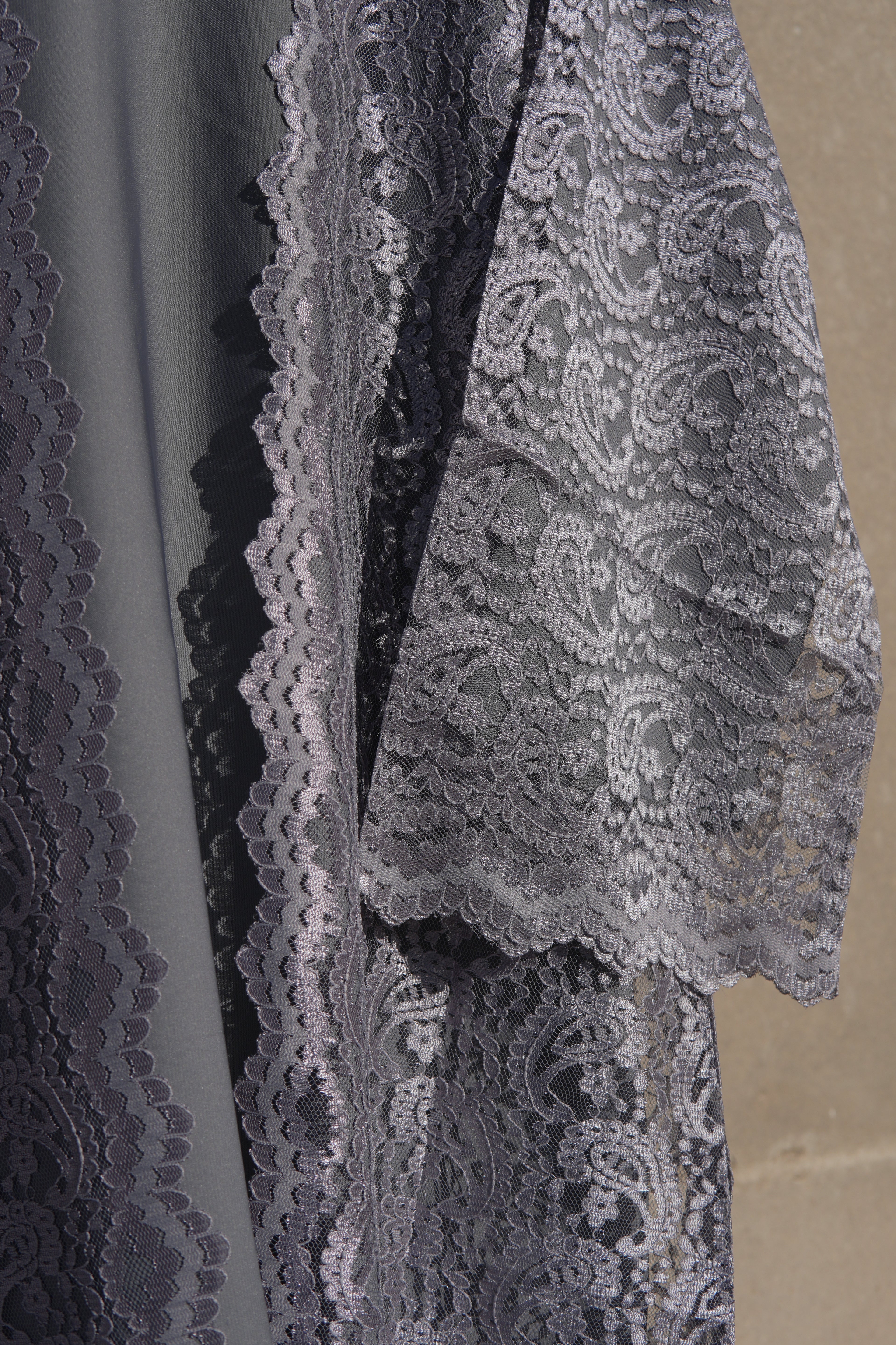 Varelle Netted Lace Abaya 4 Piece Set – Ash Grey Modest Abaya with Hijab, Slip Dress & Rope