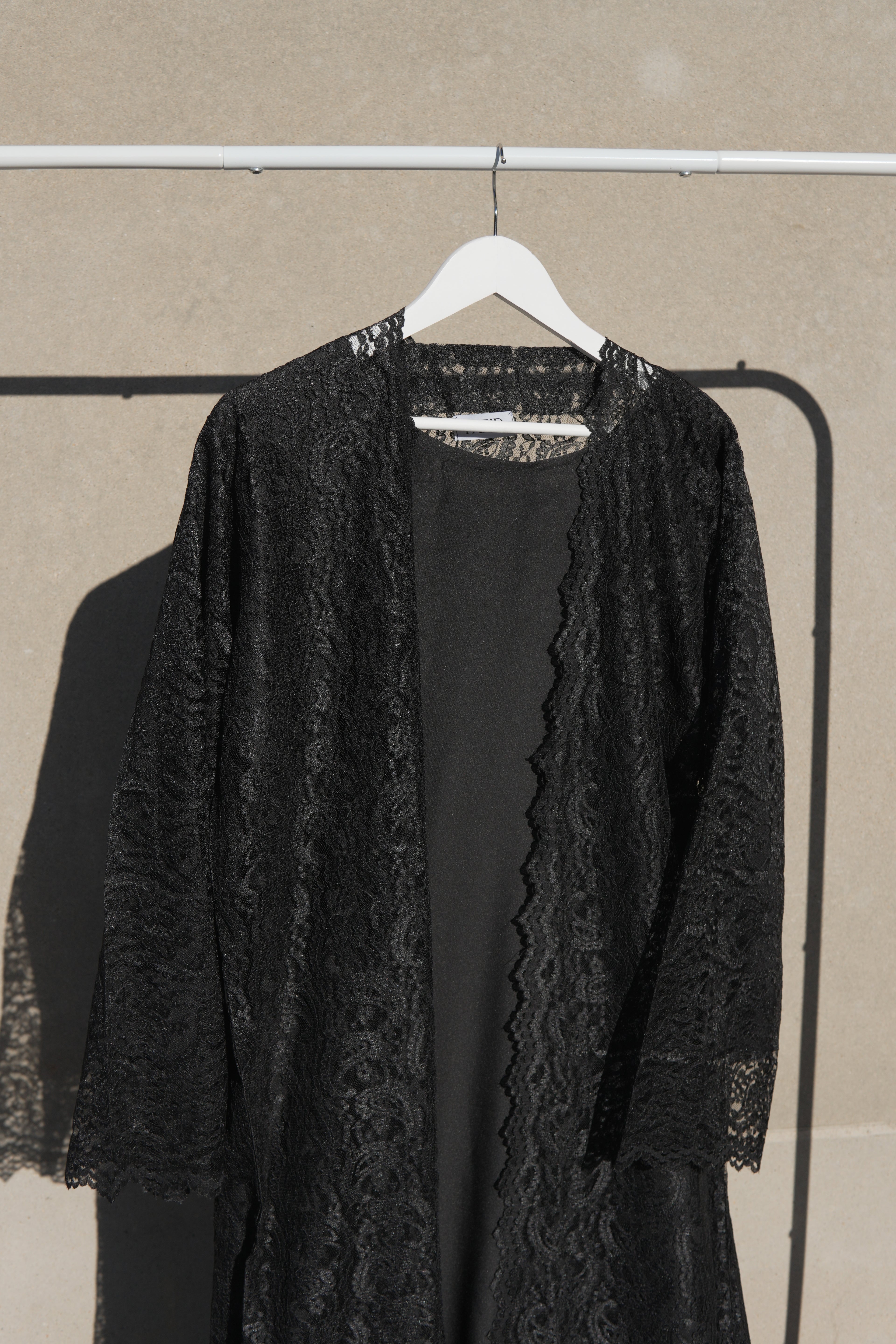 Varelle Netted Lace Abaya 4 Piece Set – Black Modest Abaya with Hijab, Slip Dress & Rope