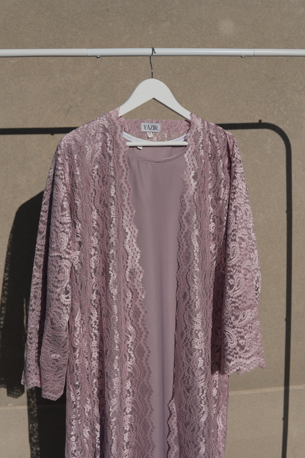 Varelle Netted Lace Abaya 4 Piece Set – Pink Modest Abaya with Hijab, Slip Dress & Rope