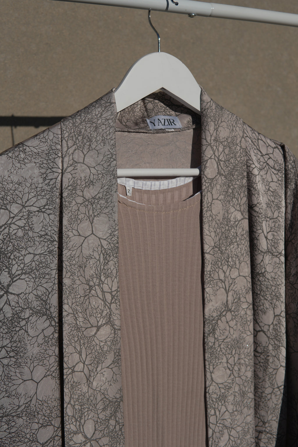 Nayra Print Abaya 4 Piece Set – Beige Abaya with Hijab, Slip Dress & Rope