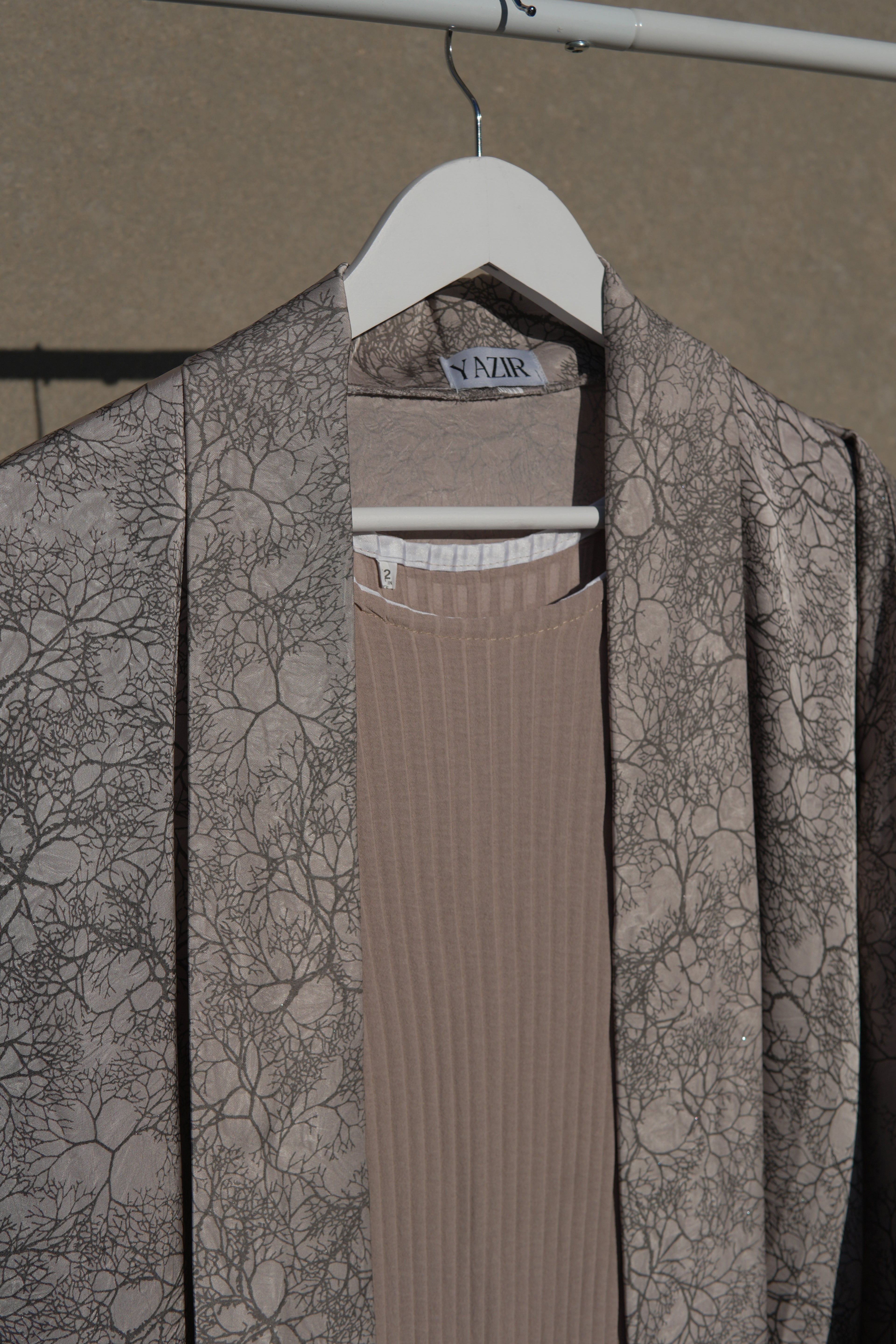 Nayra Print Abaya 4 Piece Set – Beige Abaya with Hijab, Slip Dress & Rope