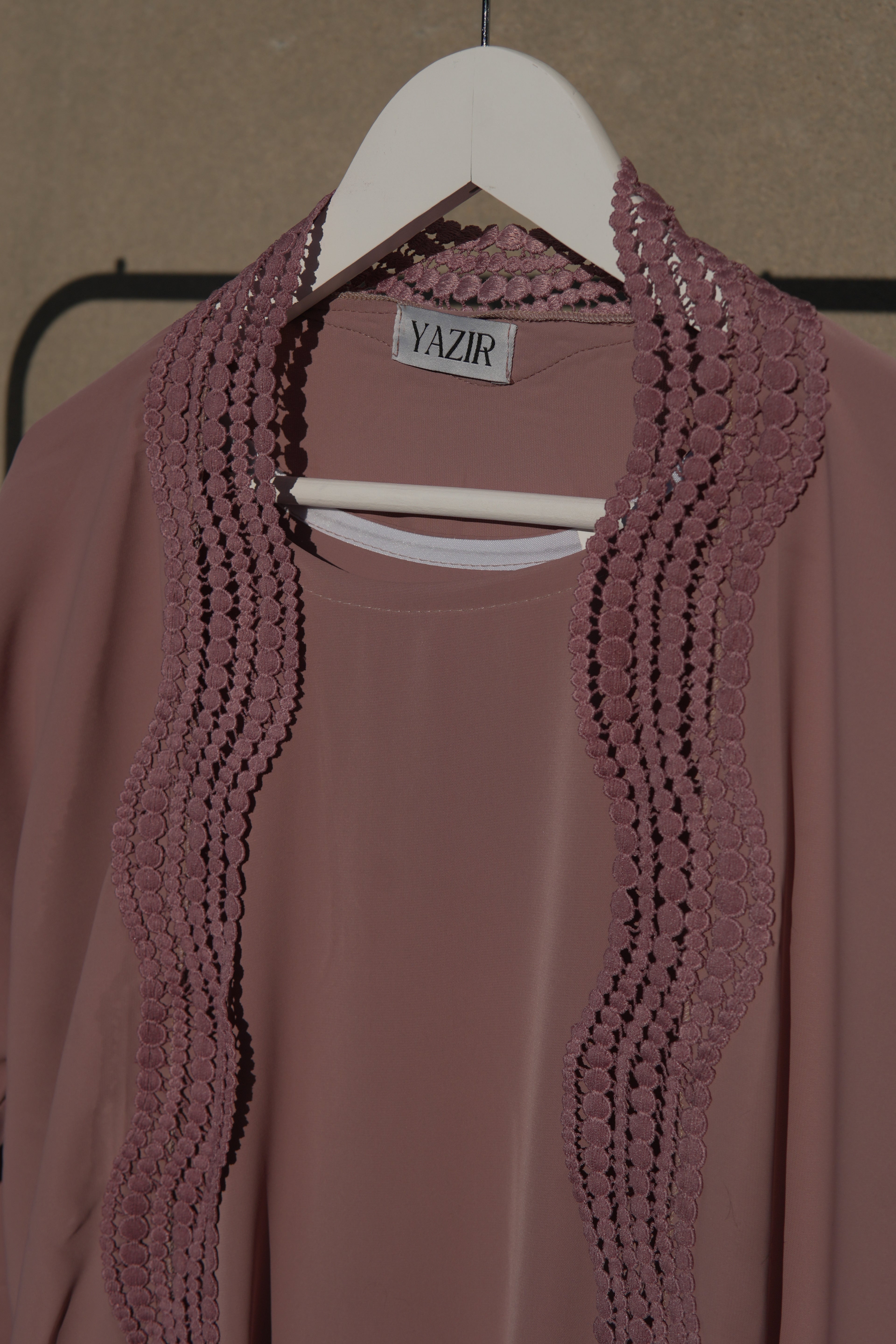 Zunaira Lace Abaya 4 Piece Set – Pink Abaya with Hijab, Slip Dress & Rope