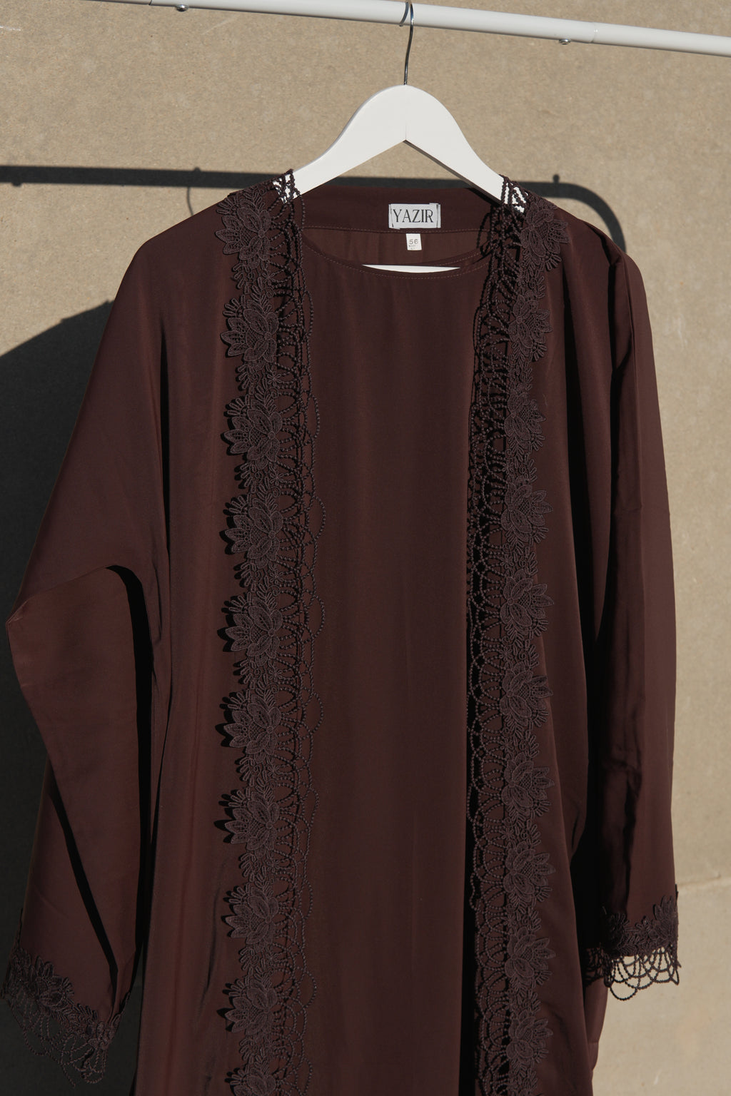 Nayelle Lace Abaya 4 Piece Set – Brown Abaya with Hijab, Slip Dress & Rope