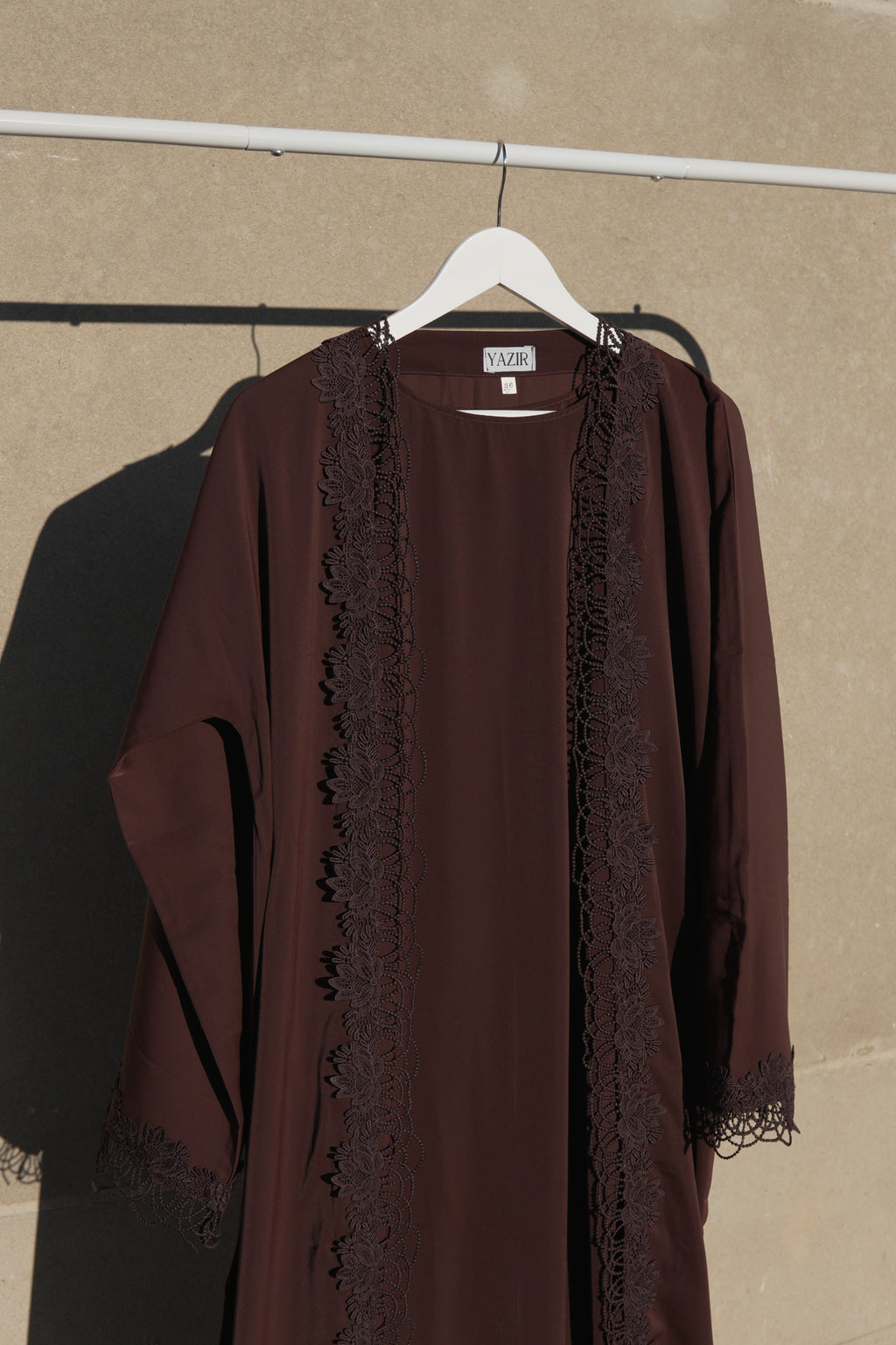 Nayelle Lace Abaya 4 Piece Set – Brown Abaya with Hijab, Slip Dress & Rope