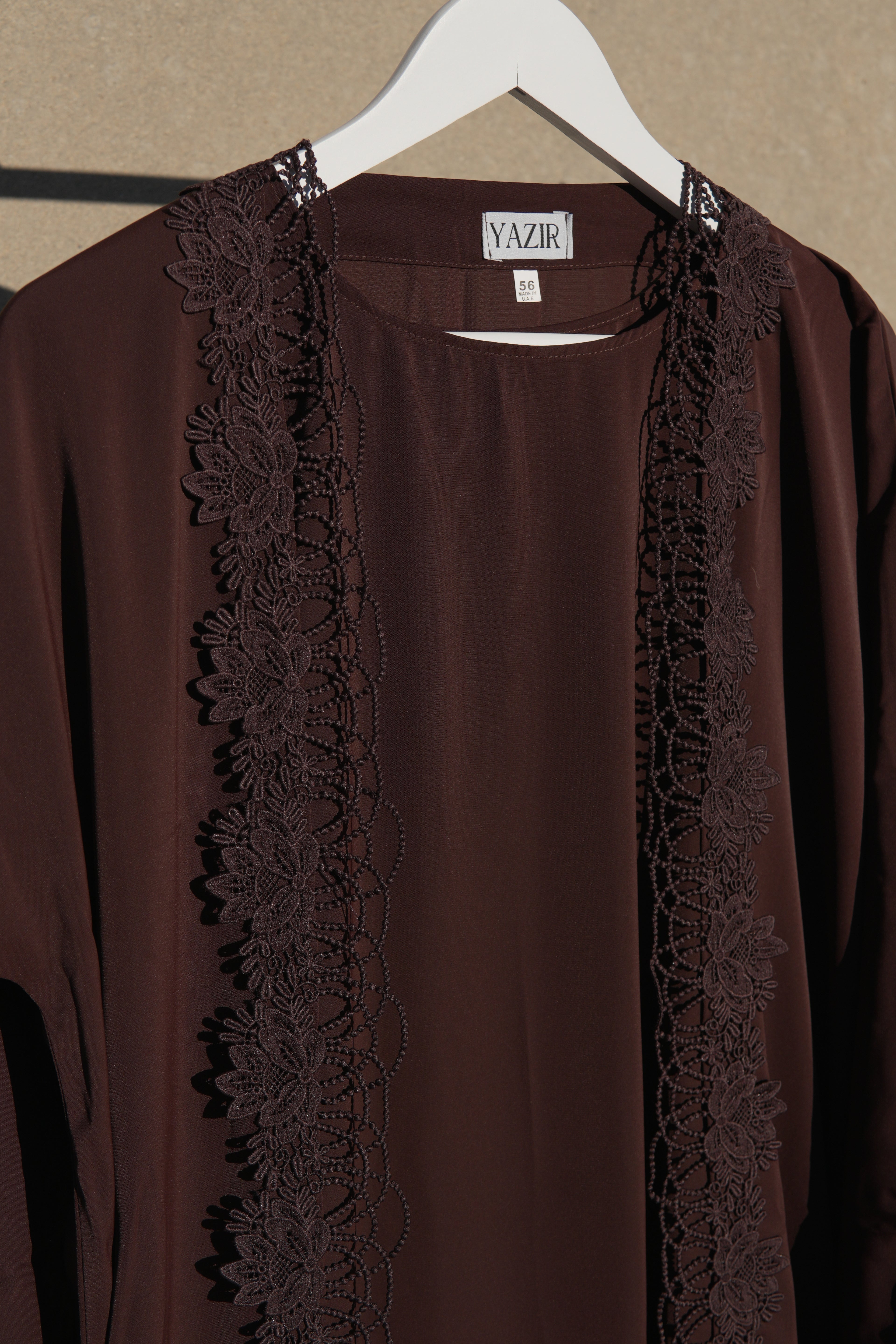Nayelle Lace Abaya 4 Piece Set – Brown Abaya with Hijab, Slip Dress & Rope