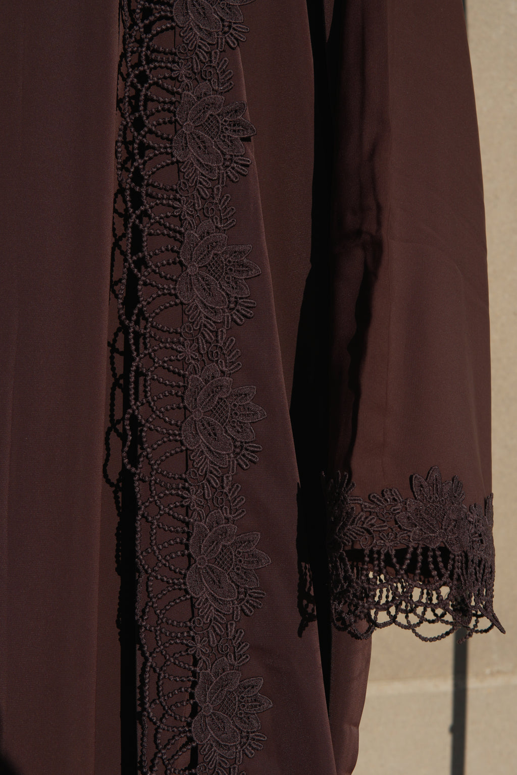 Nayelle Lace Abaya 4 Piece Set – Brown Abaya with Hijab, Slip Dress & Rope