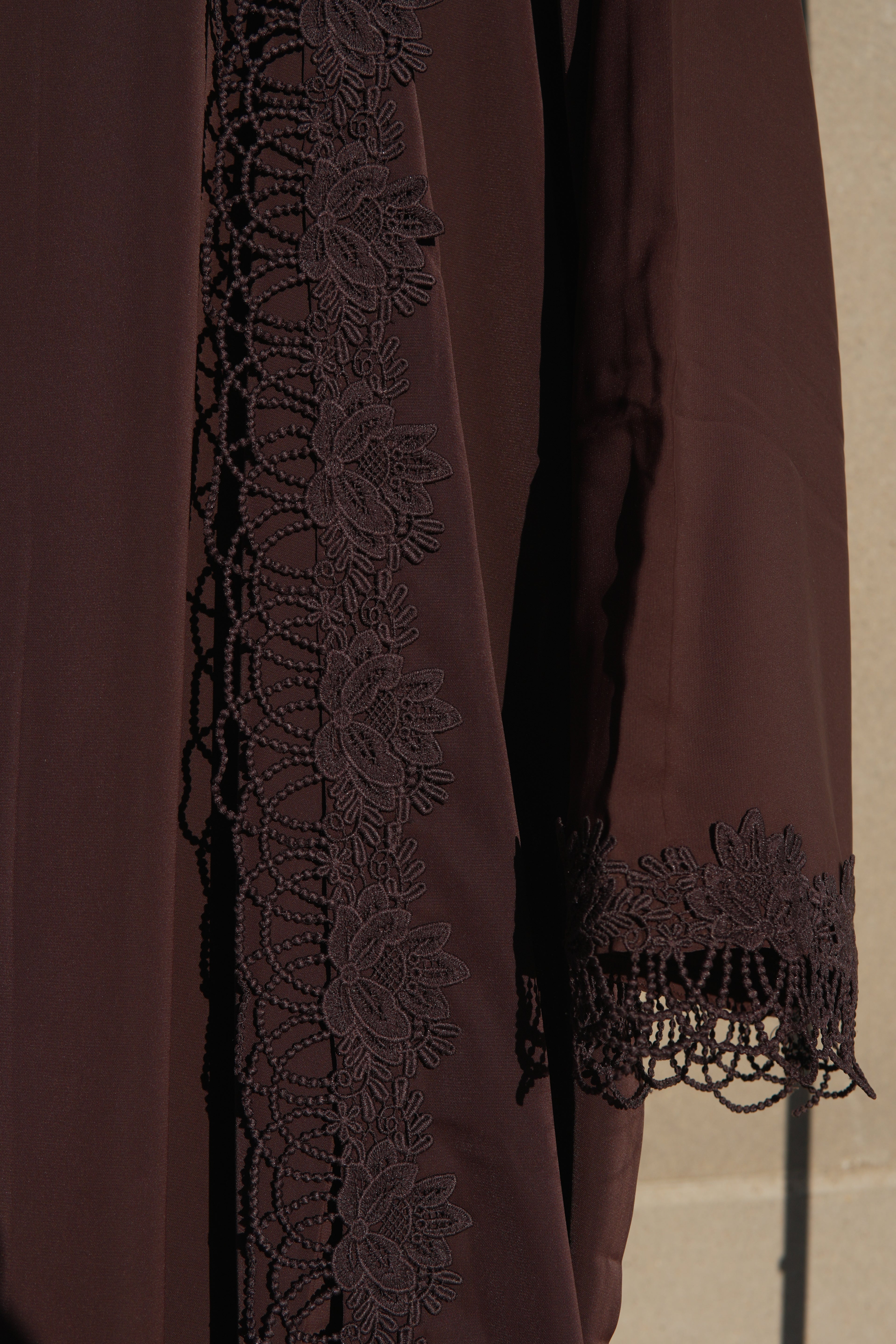 Nayelle Lace Abaya 4 Piece Set – Brown Abaya with Hijab, Slip Dress & Rope