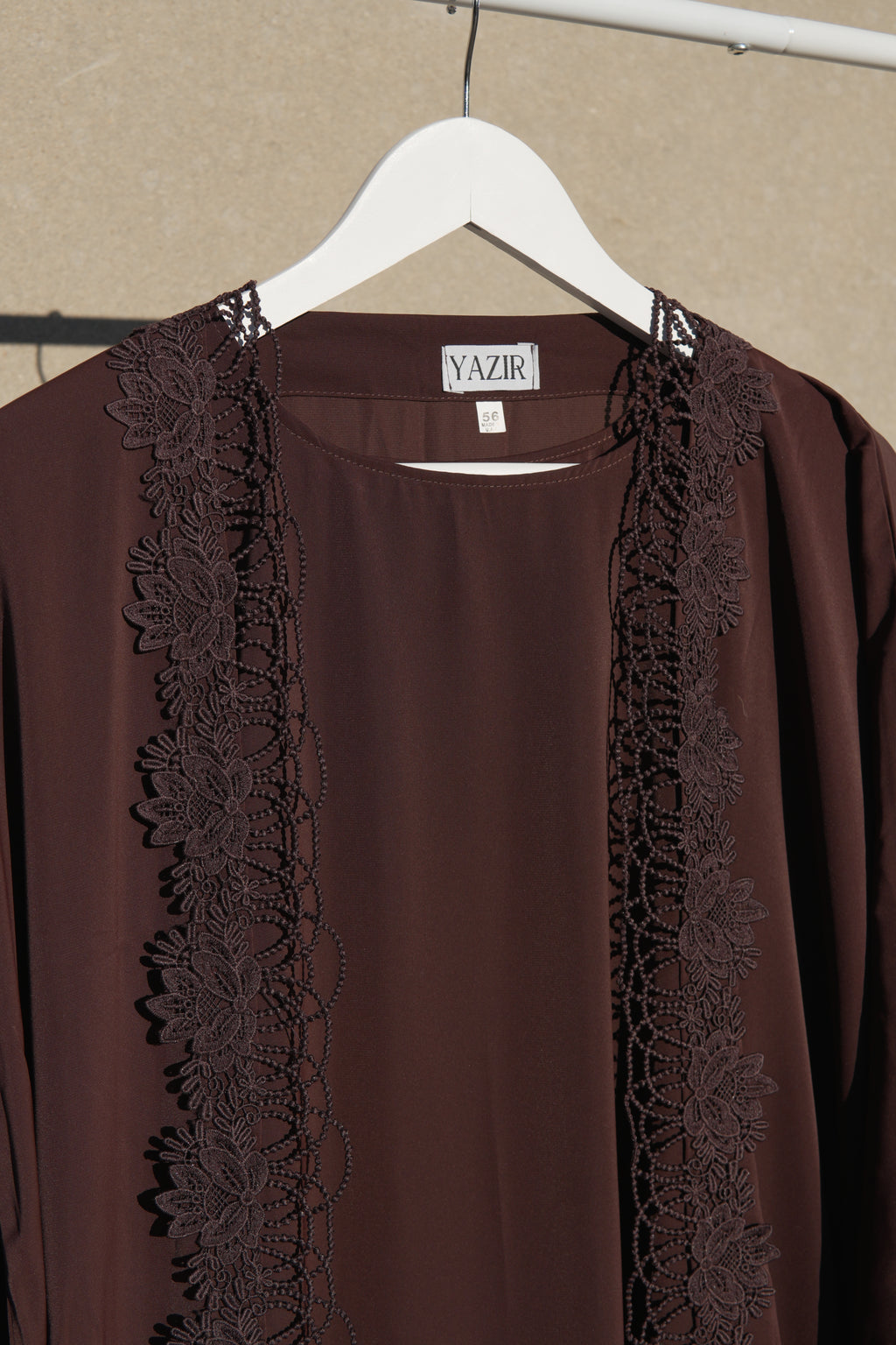Nayelle Lace Abaya 4 Piece Set – Brown Abaya with Hijab, Slip Dress & Rope