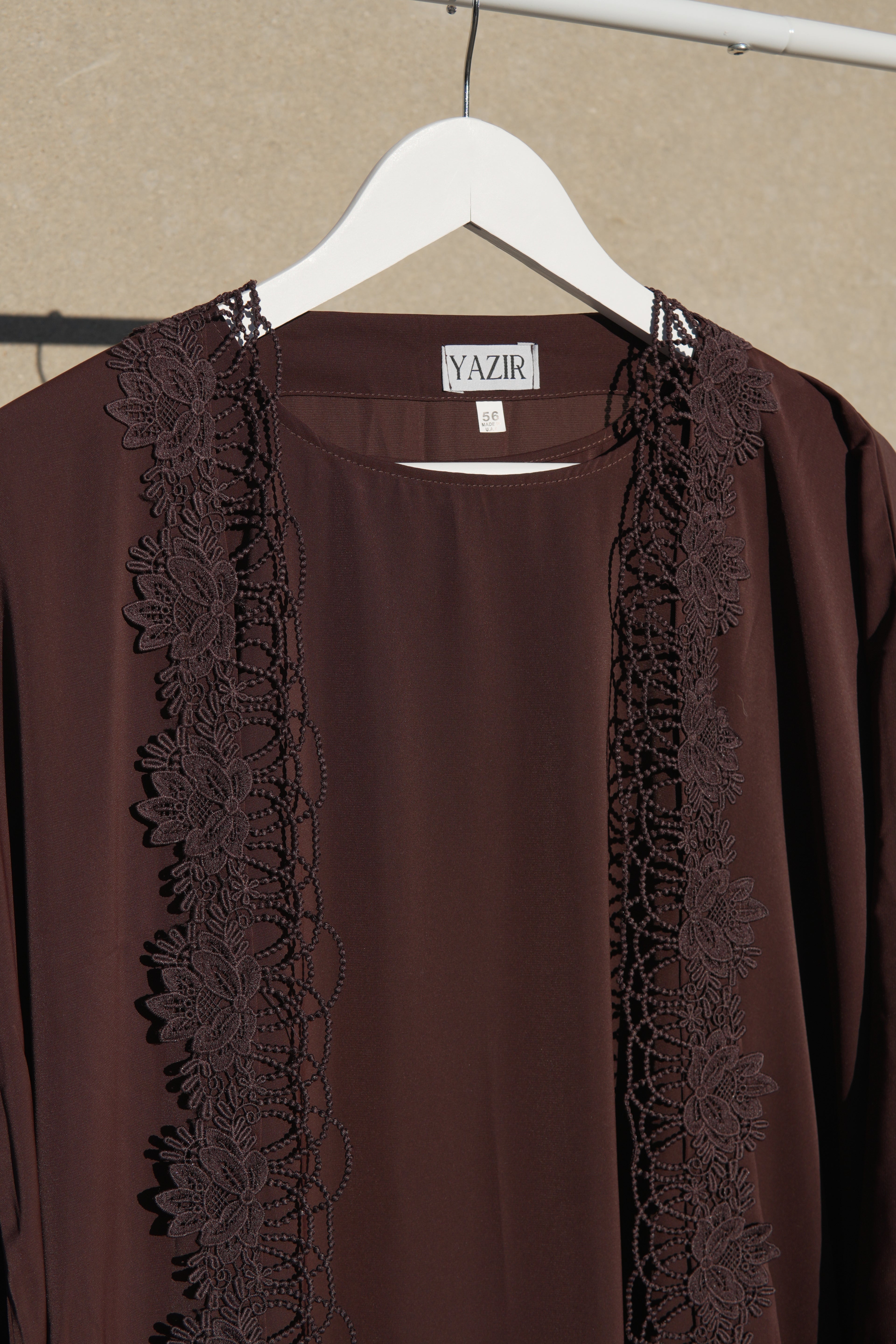 Nayelle Lace Abaya 4 Piece Set – Brown Abaya with Hijab, Slip Dress & Rope