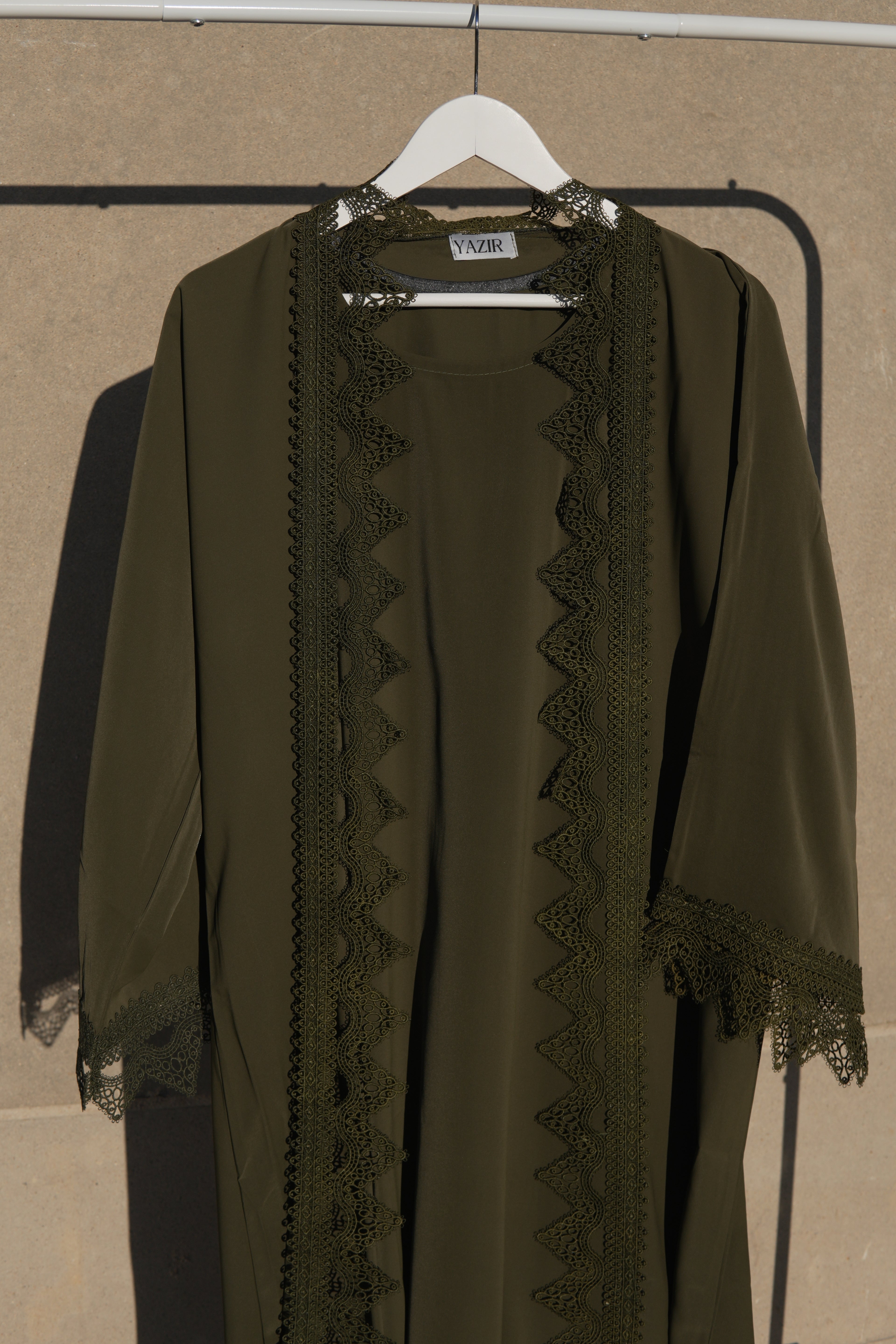 Sereen Lace Abaya 4 Piece Set – Olive Green Modest Abaya with Hijab, Slip Dress & Robe