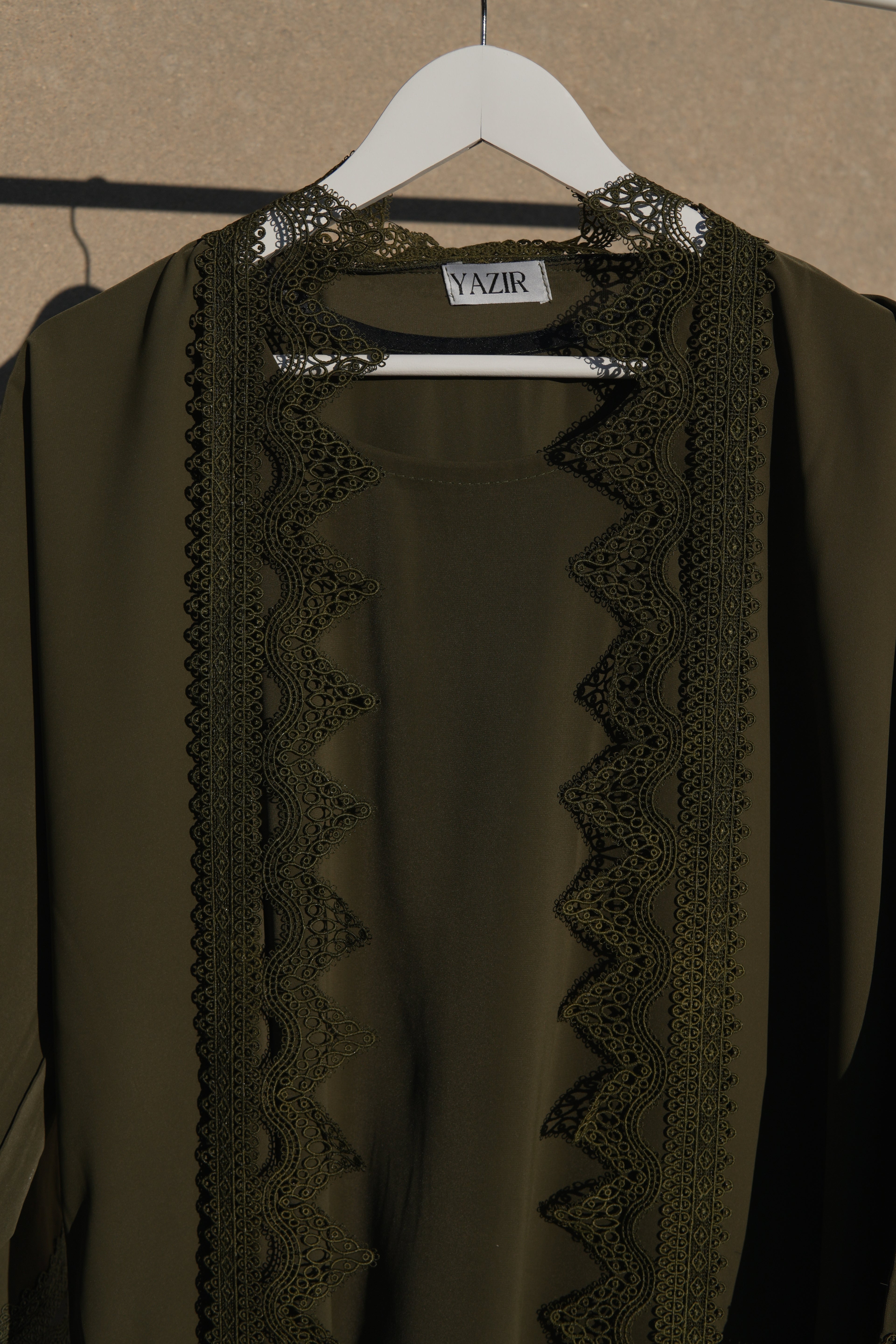Sereen Lace Abaya 4 Piece Set – Olive Green Modest Abaya with Hijab, Slip Dress & Robe