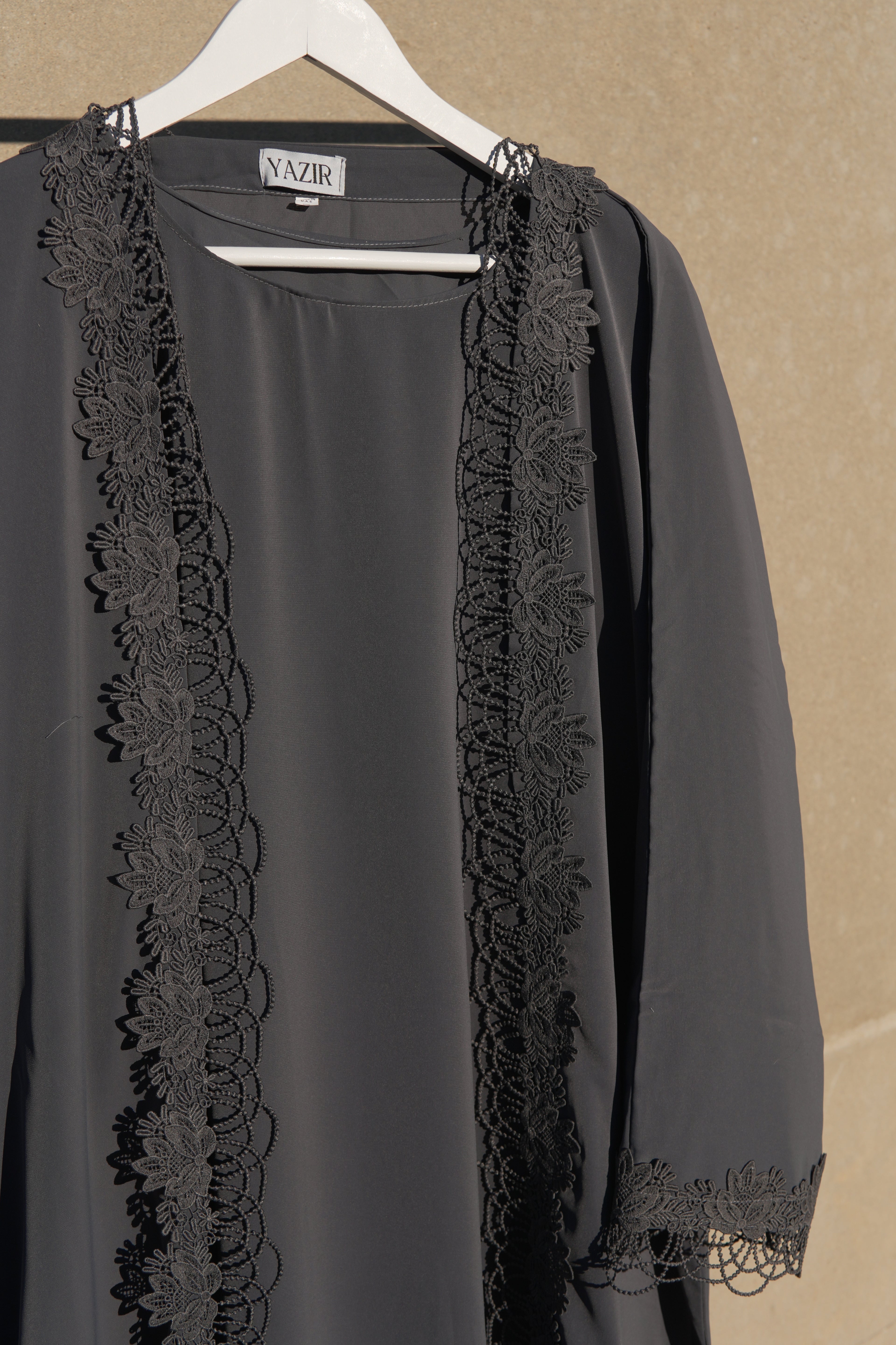 Nayelle Lace Abaya 4 Piece Set – Dark Grey Abaya with Hijab, Slip Dress & Rope