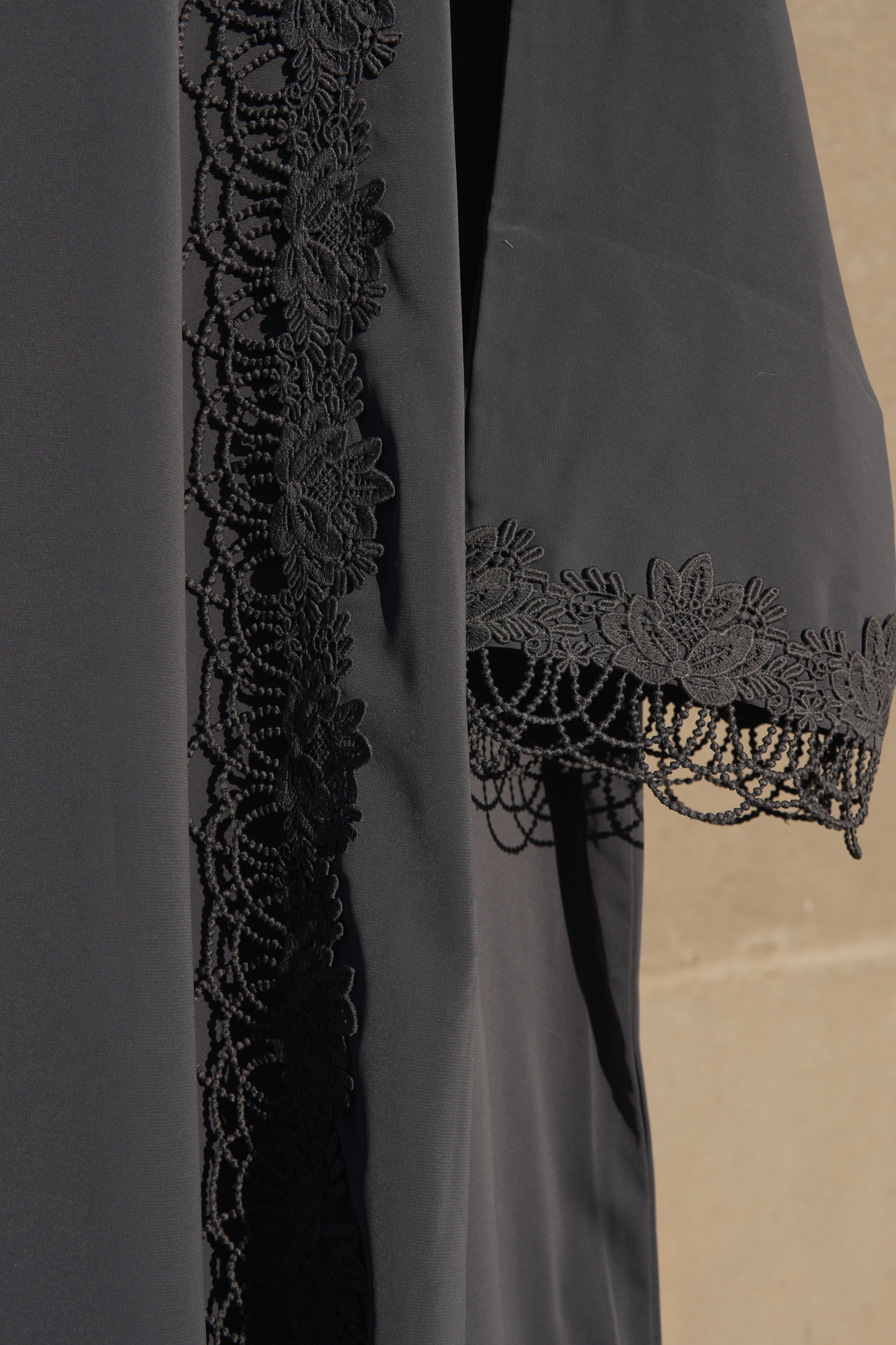 Nayelle Lace Abaya 4 Piece Set – Dark Grey Abaya with Hijab, Slip Dress & Rope