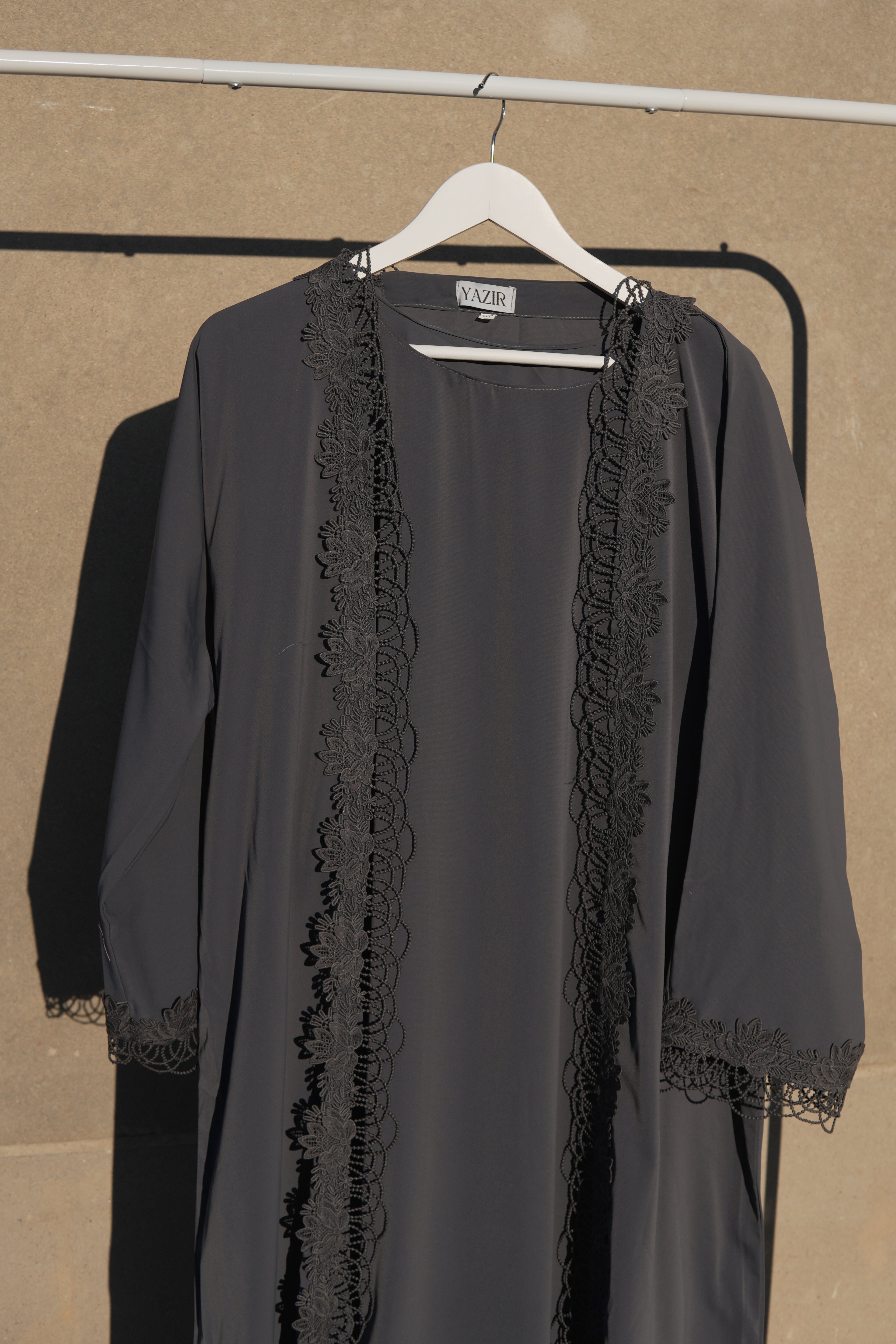 Nayelle Lace Abaya 4 Piece Set – Dark Grey Abaya with Hijab, Slip Dress & Rope